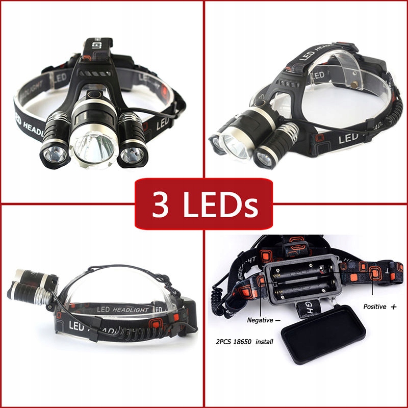 Latarka Czołowa 3x LED T6 CREE 18650 Ładowarki Marka ACS
