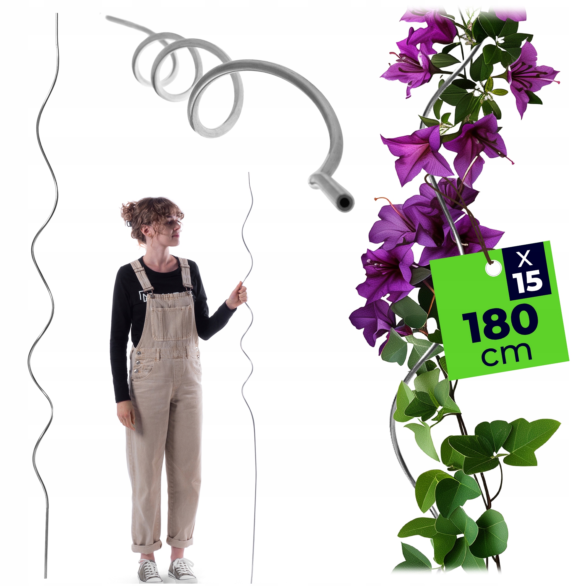 15 SZT PODPORA DO ROŚLIN 180cm SPIRALNA TYCZKA KWIATÓW PNĄCYCH PALIK ZESTAW
