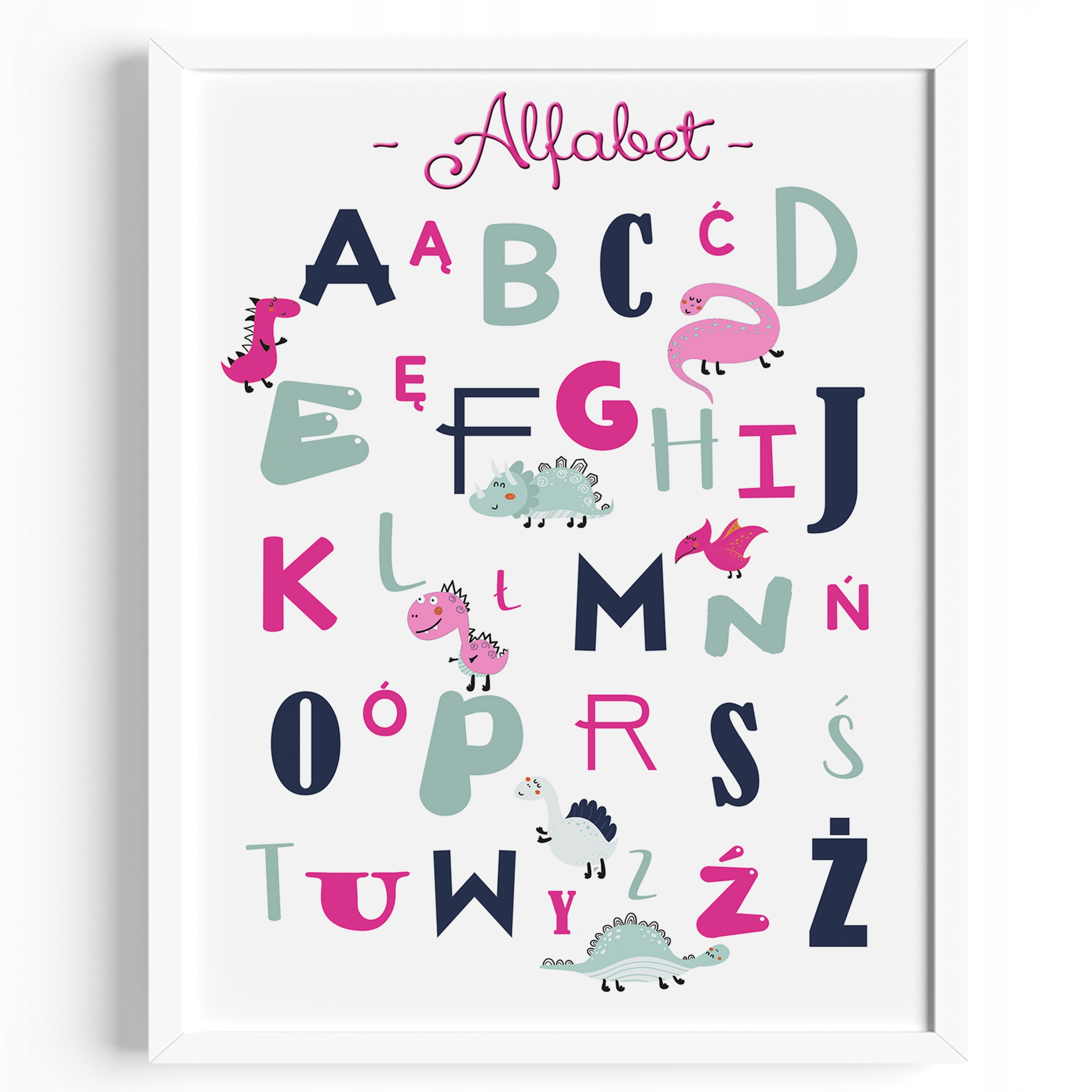 

Plakat Edukacyjny Dinozaury Alfabet różowy Ramka