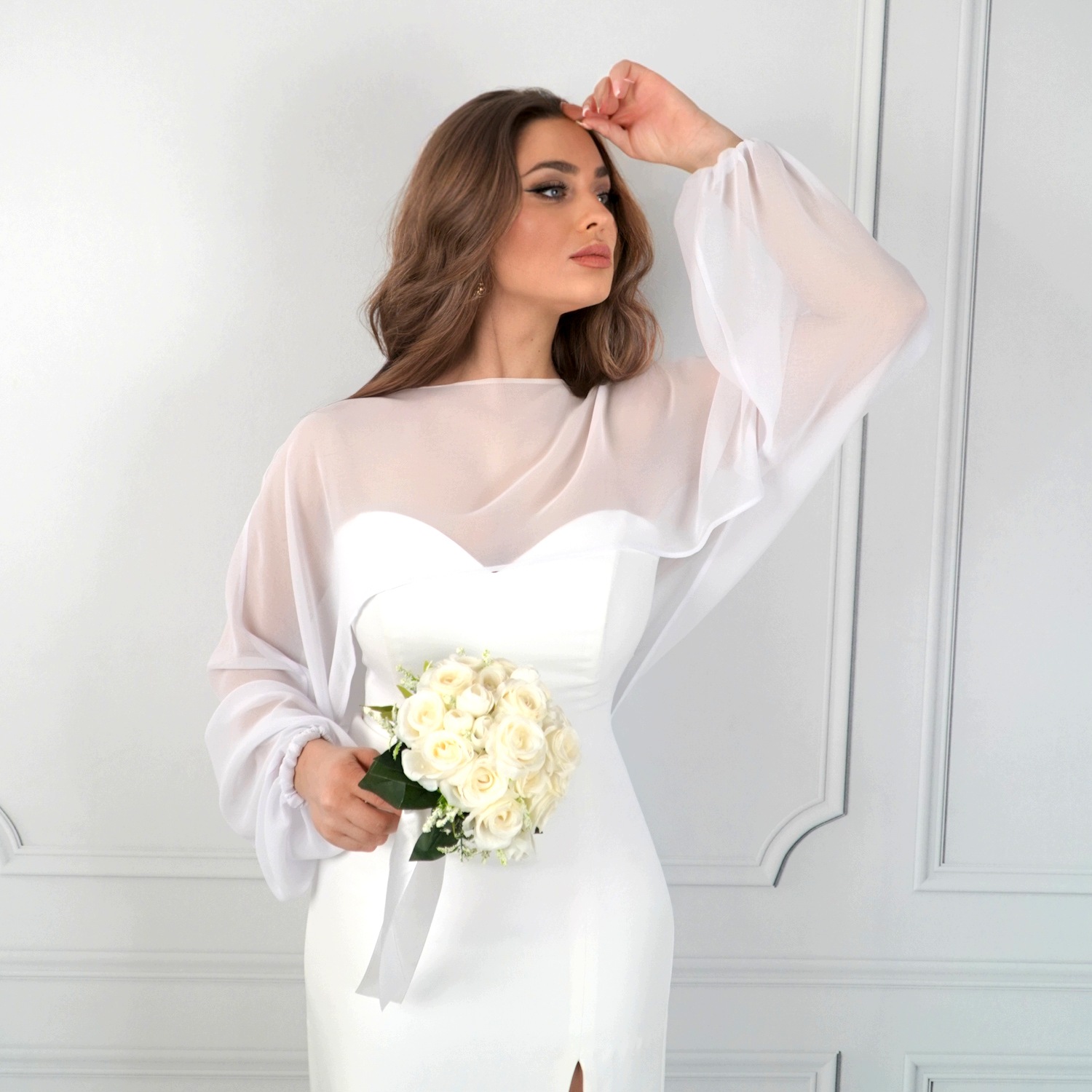 Bolerko Ślubne Szyfonowe Narzutka Okrycie Off White Polski Producent