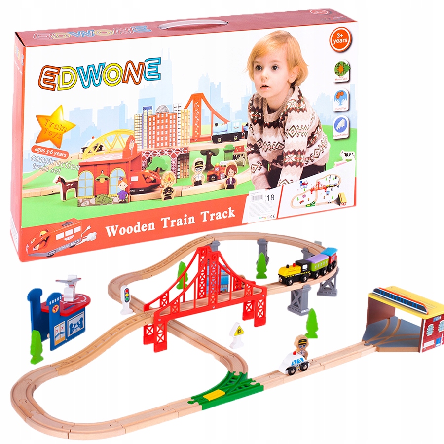 DREWNIANA KOLEJKA POCIĄG LOKOMOTYWA MIASTO POLICJA STRAŻ AKCESORIA 320 CM Długość torowiska 320 cm