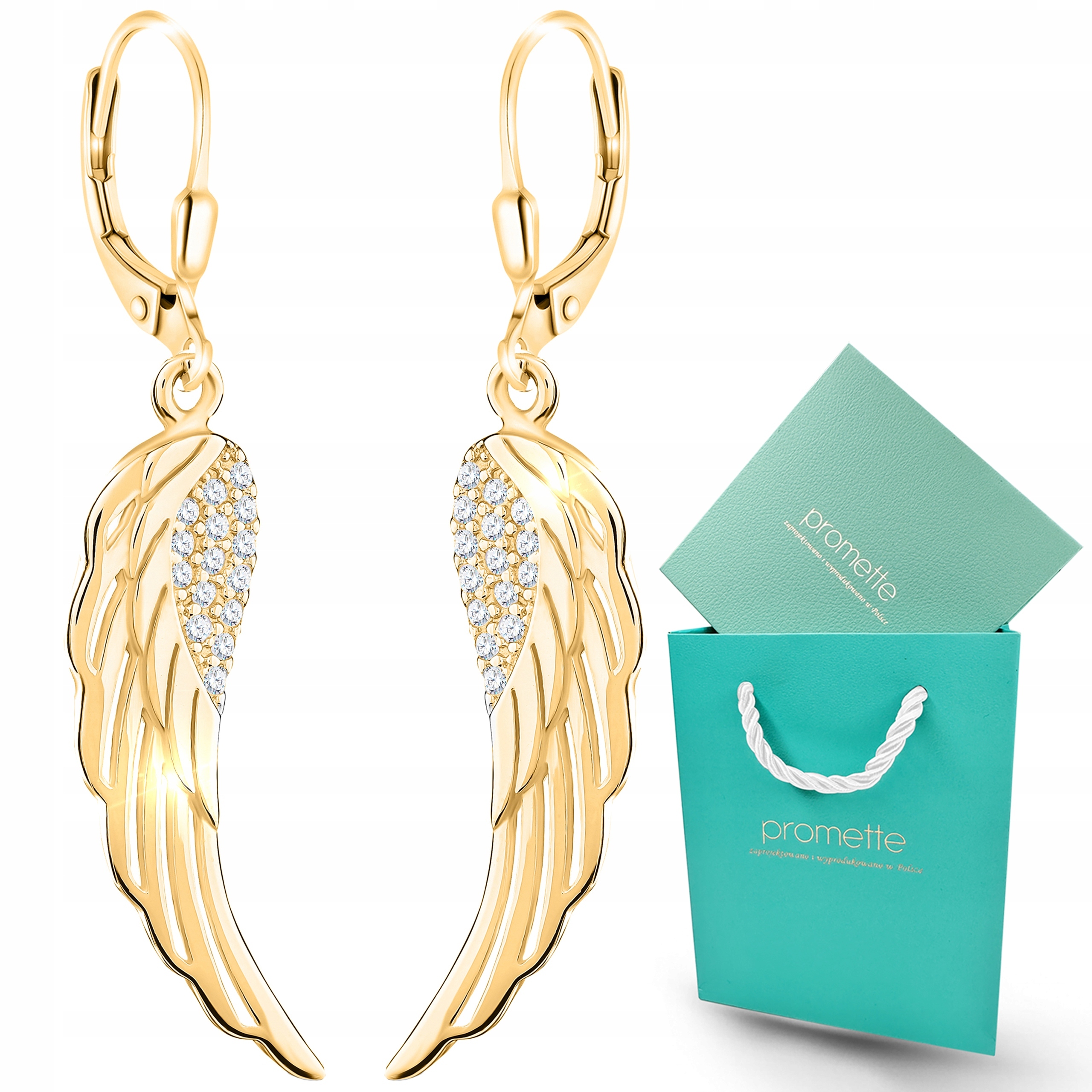 Náušnice zlaté závěsné křídla stříbro pozlacené s anglickými zirkony