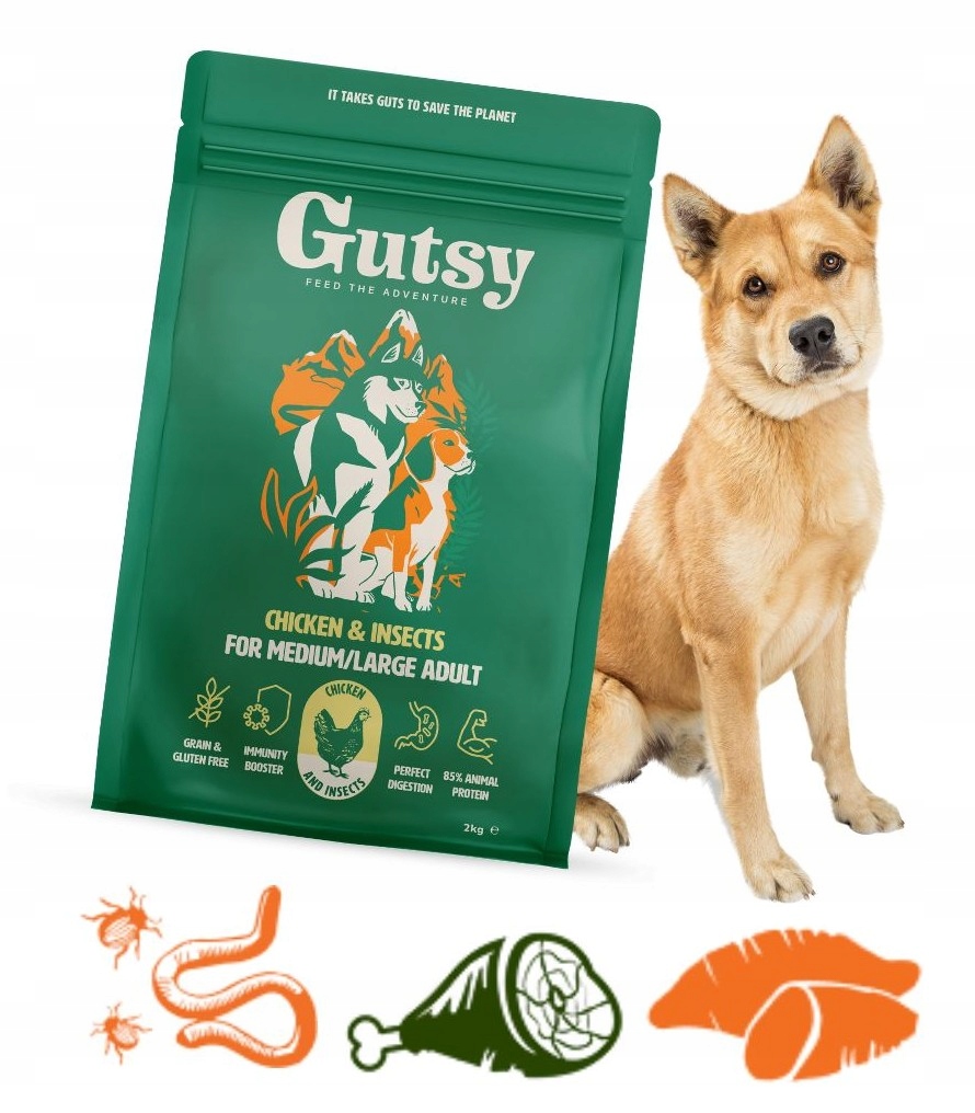 Levně Krmivo krmivo pro psy Suché kuře s hmyzem Velká Plemena Gutsy 6 kg