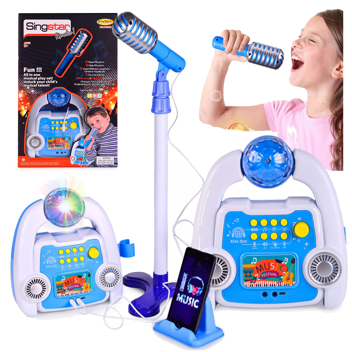 ZESTAW DO KARAOKE DLA DZIECI MIKROFON EFEKTY WZMACNIACZ STATYW DISCO LED