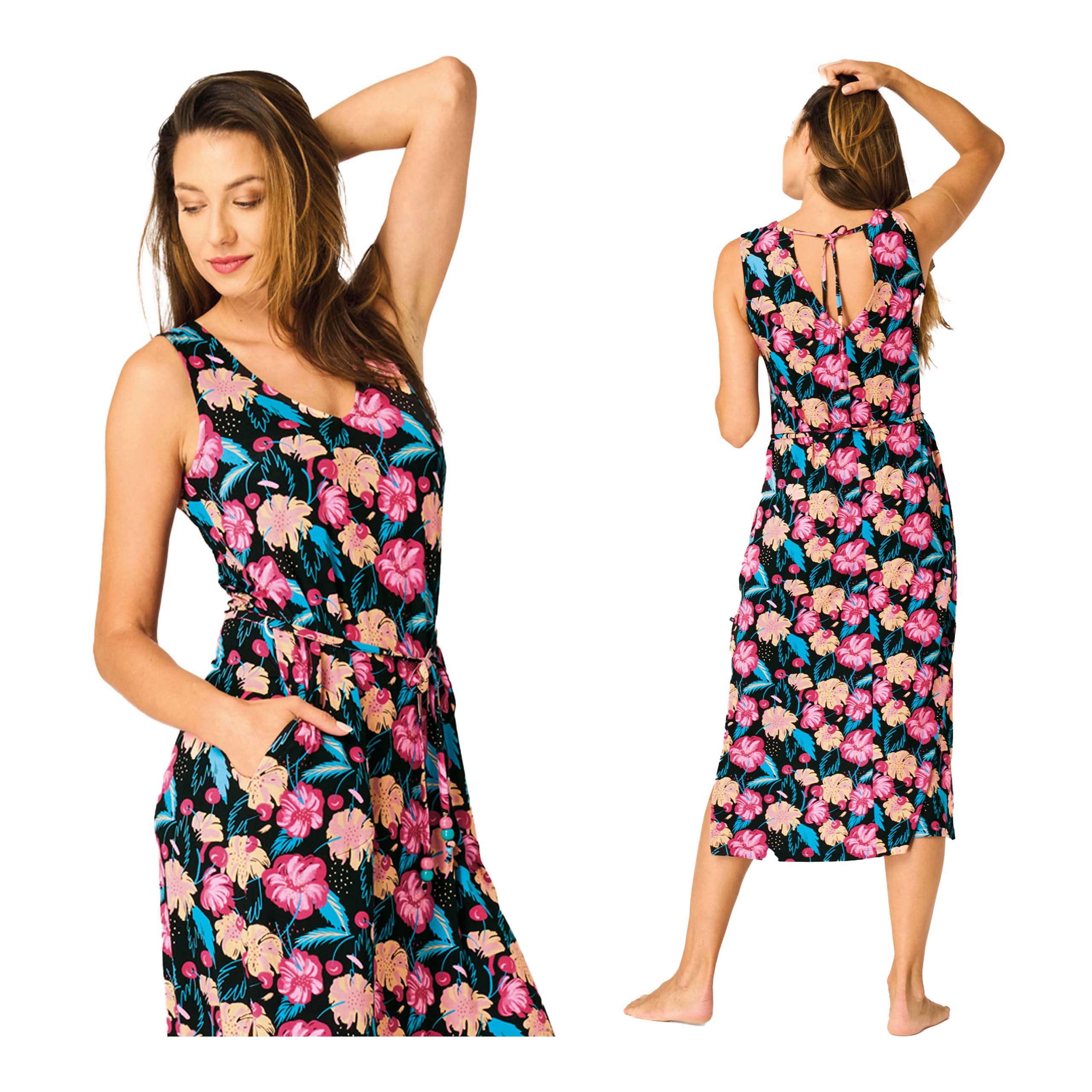 Šaty dámské letní midi dlouhé L na ramínka s květinovým vzorem Bambus Key