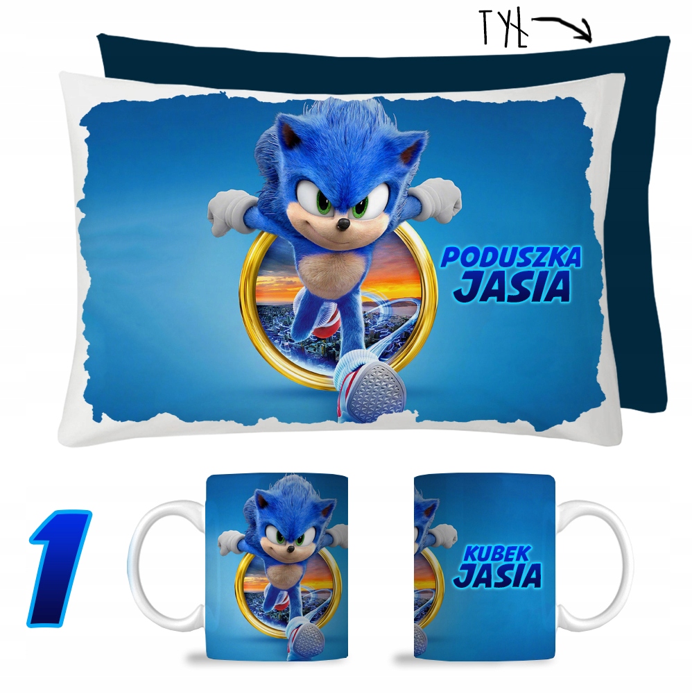 ZESTAW KUBEK + PODUSZKA SONIC + IMIĘ PREZENT Materiał ceramika