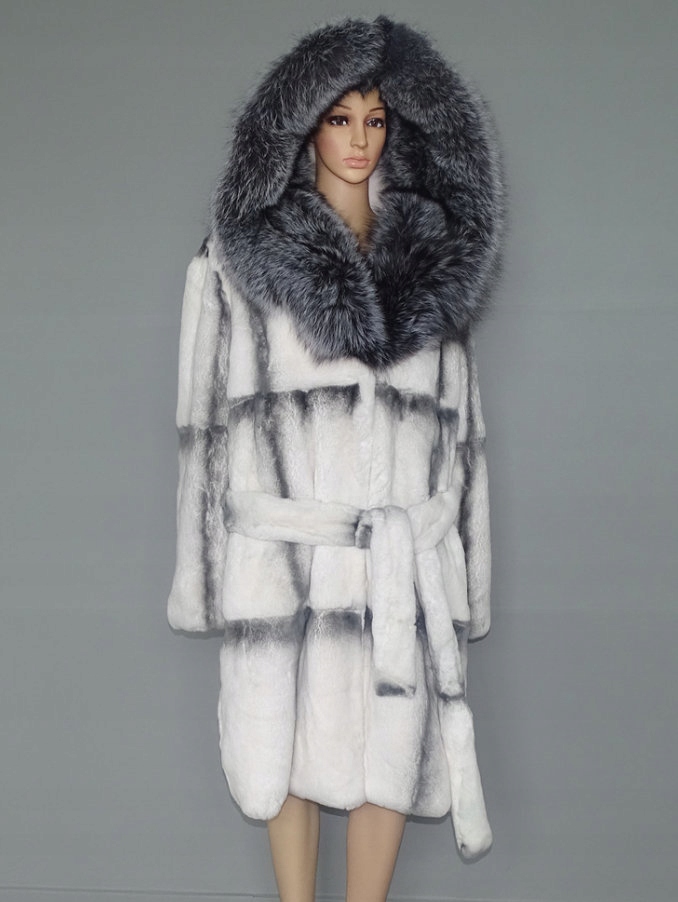 Płaszcz Futro naturalne Królik Srebrny Lis 36 S Rękaw długi rękaw