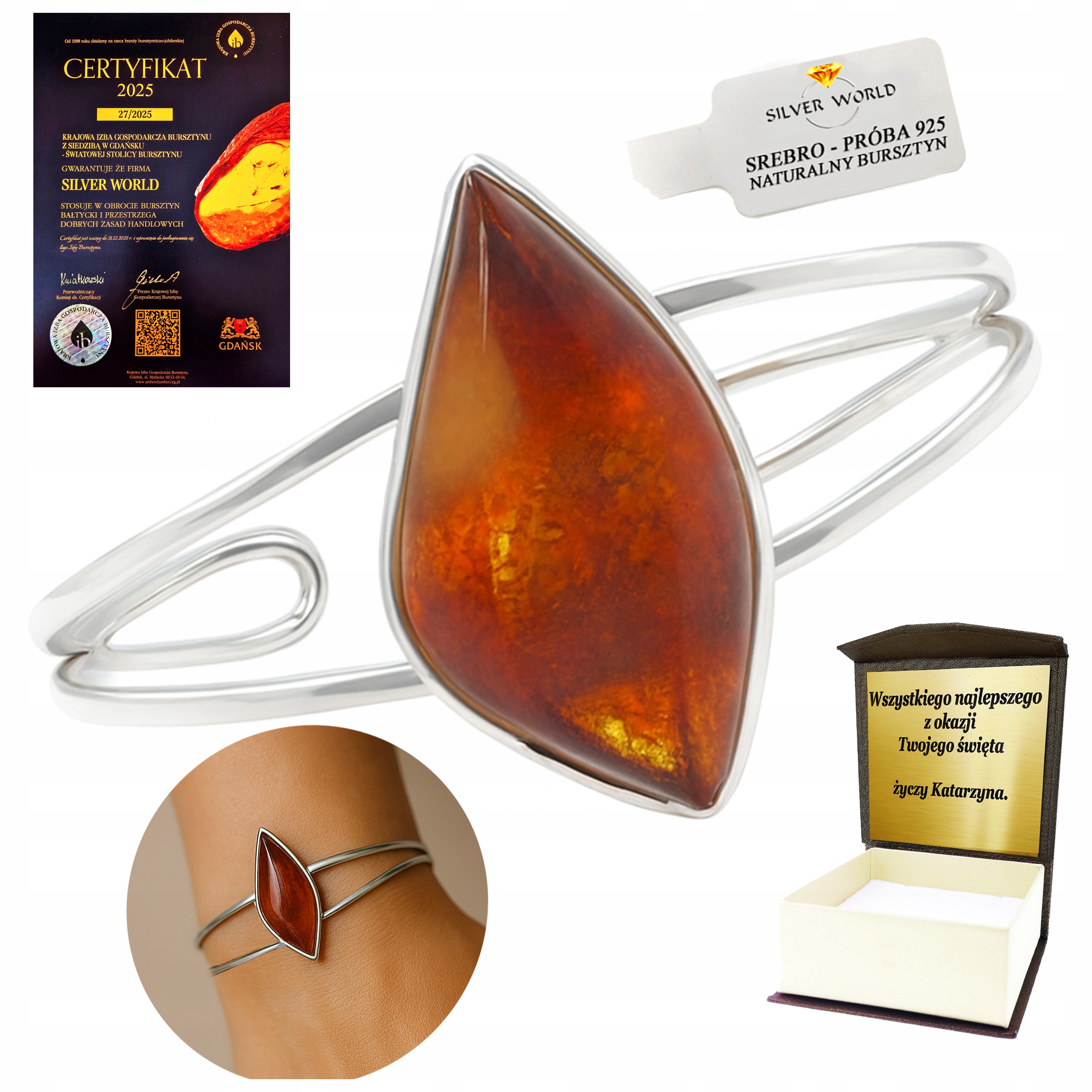 Stříbrný Náramek S Jantarovým Koňakem Jako Dárek Gravírování BO7