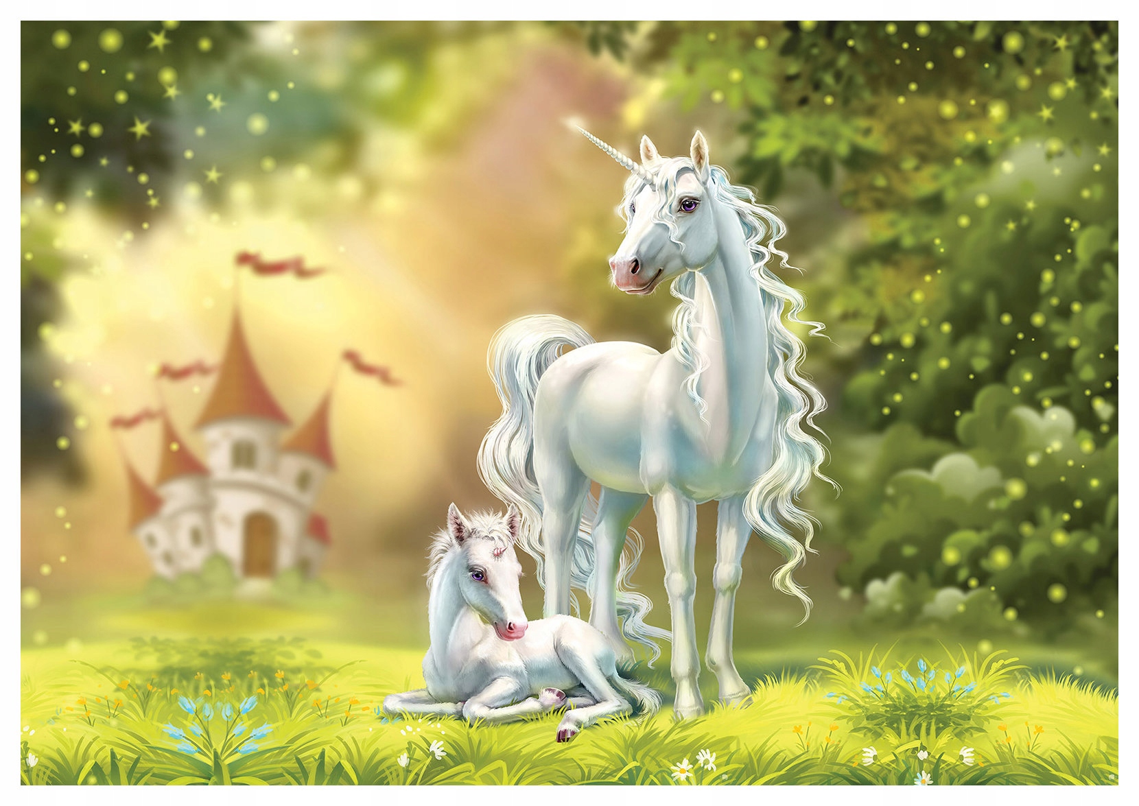 Vliesová fototapeta Jednorožci hrad les růžový svět 254x184 lepidlo