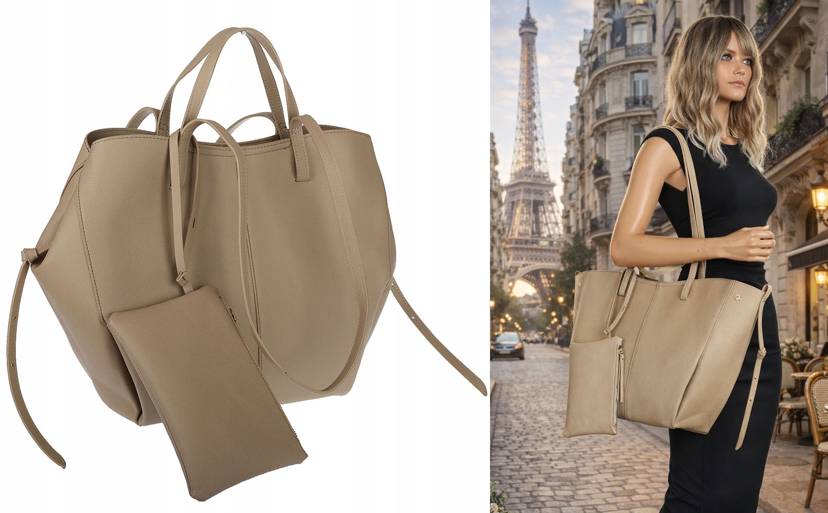 Torebka damska shopper A4 duża pojemna na ramię torba eko skóra 963A Beżowa