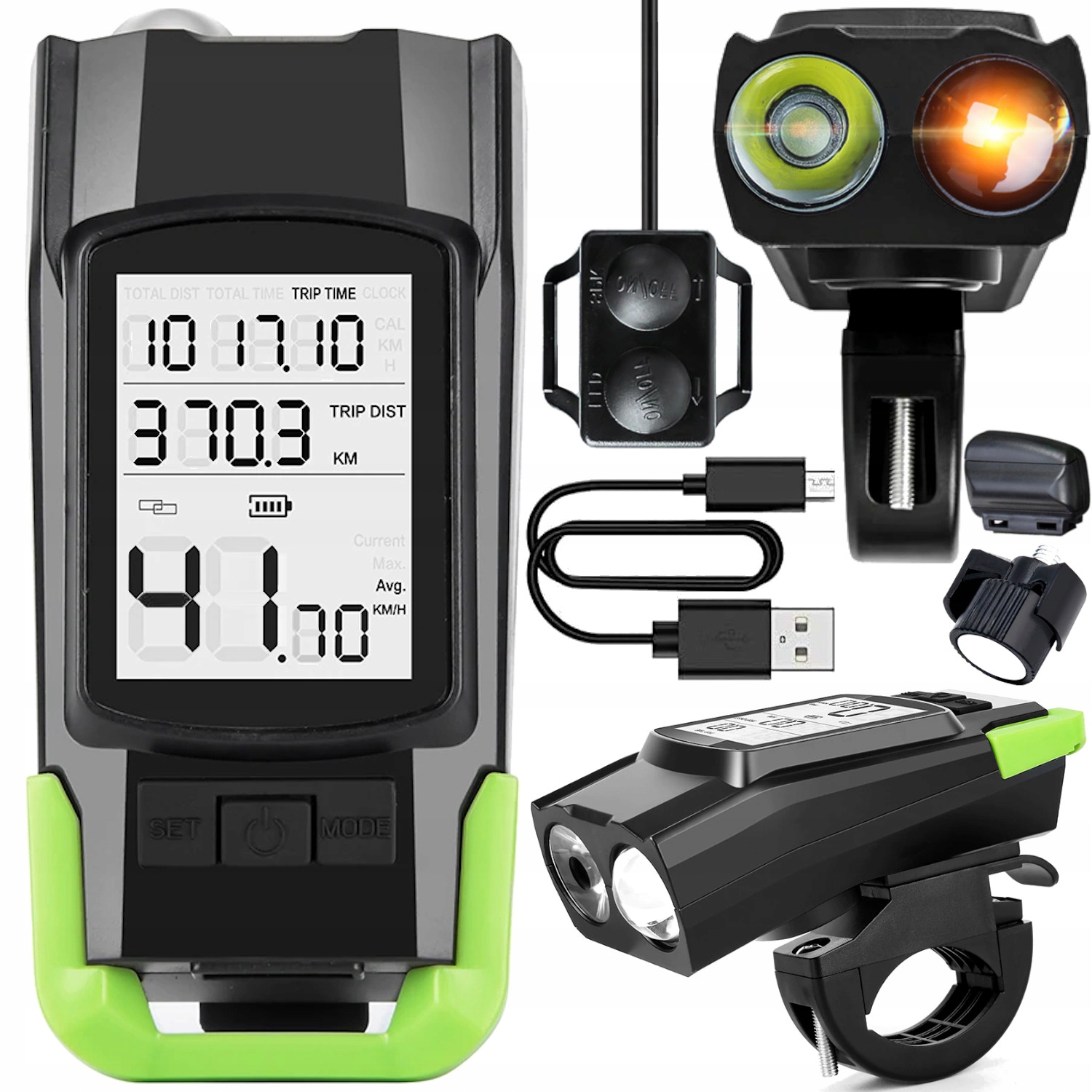 

Lampka rowerowa 3w1 licznik rowerowy Led klakson