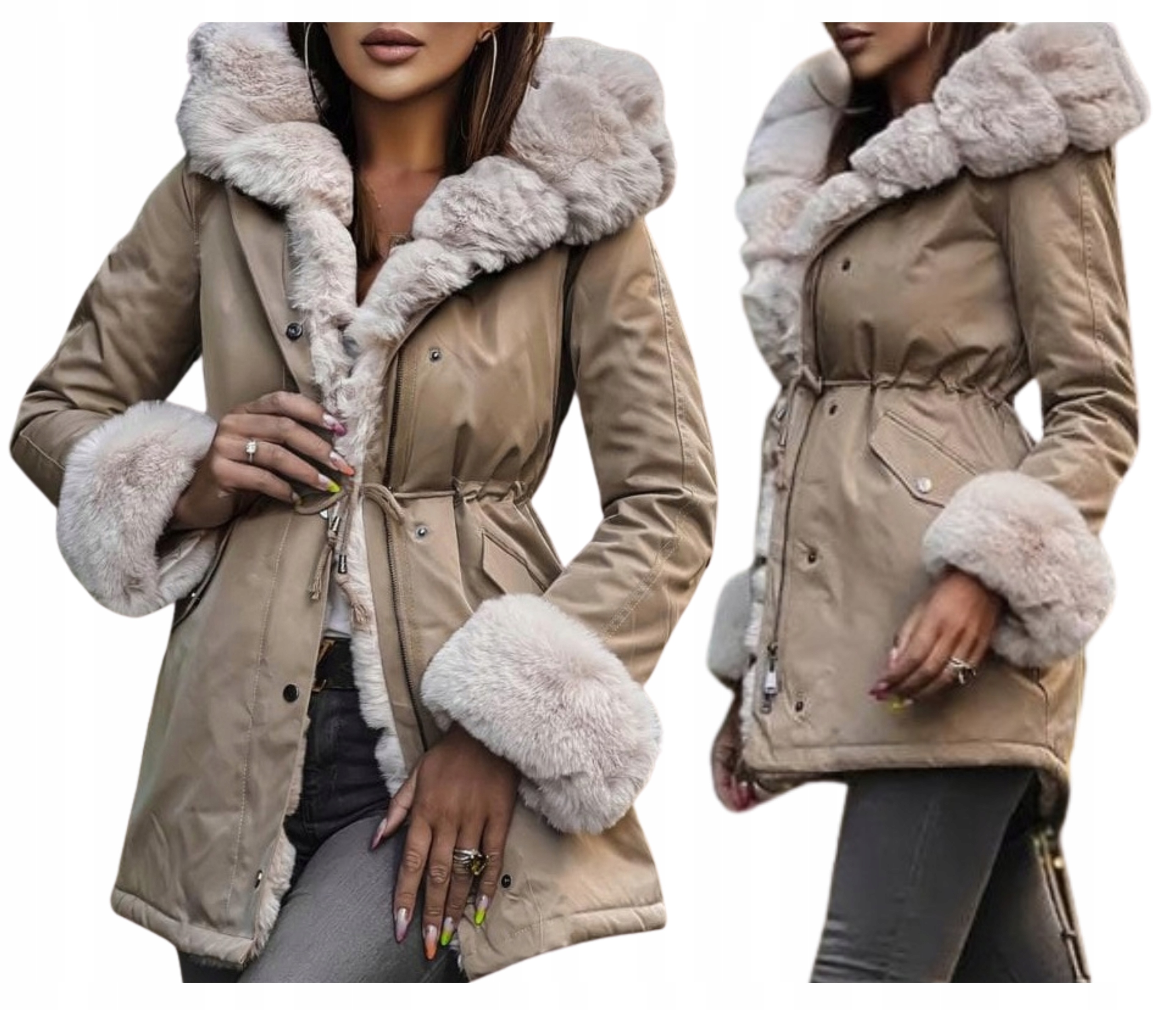 Dámská Bunda Parka Odnímatelná Kožíšek Zateplená Medvídkem Zima Béžová 2V1 XL