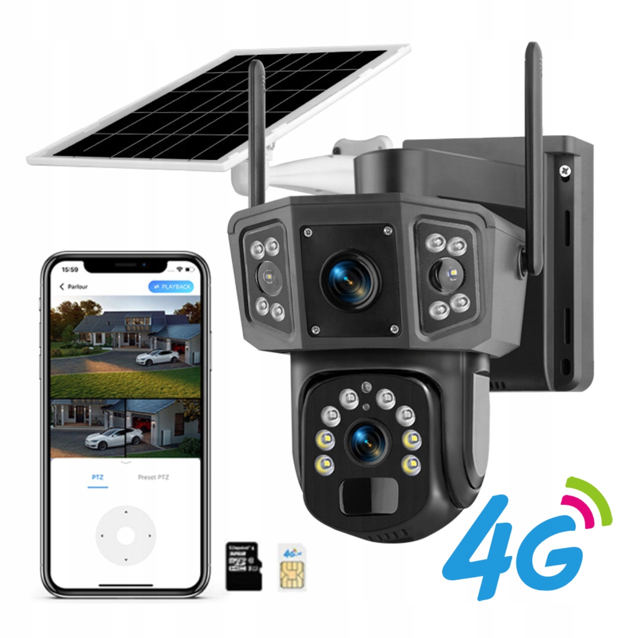 Solárna Vonkajšia Kamera Dva Objektívy 4K Hd 8MP Sim Karta 4G Lte