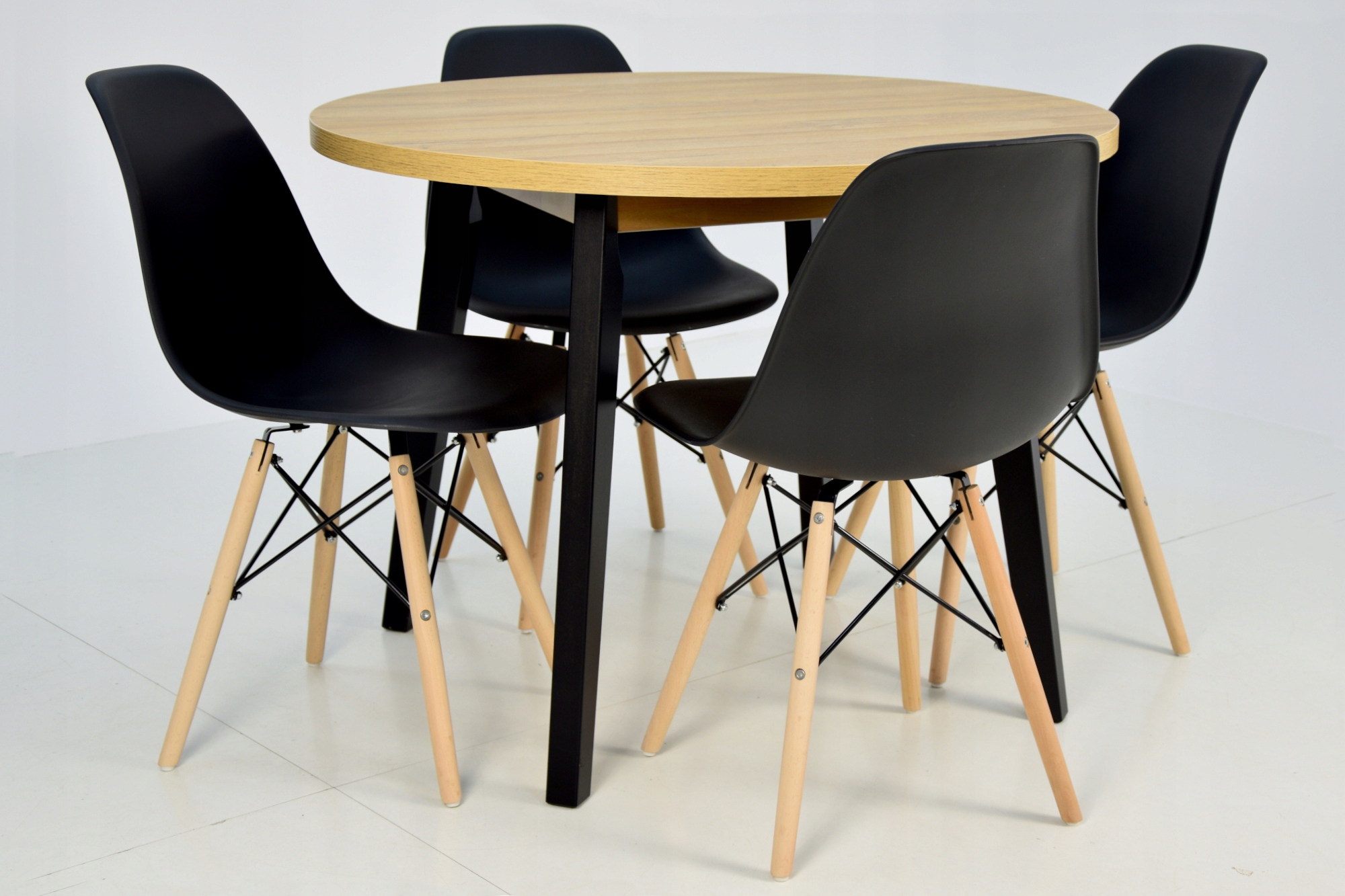 DESIGNERSKI stół okrągły 100 cm + 4 CZARNE krzesła Szerokość siedziska 43 cm