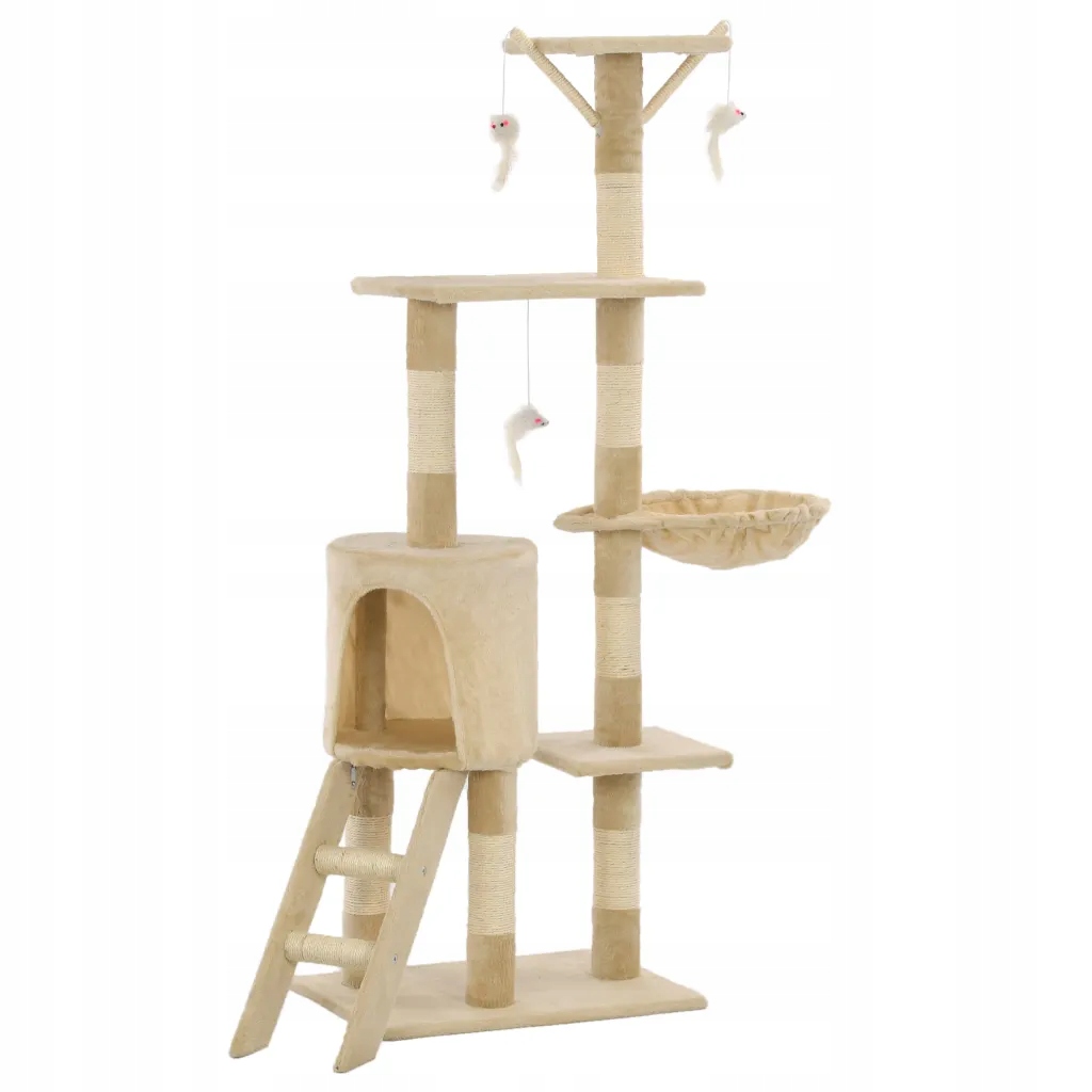 Levně Škrabadlo pro kočky s domečkem a hračkami, béžové, 138 cm, 49 x 35 cm