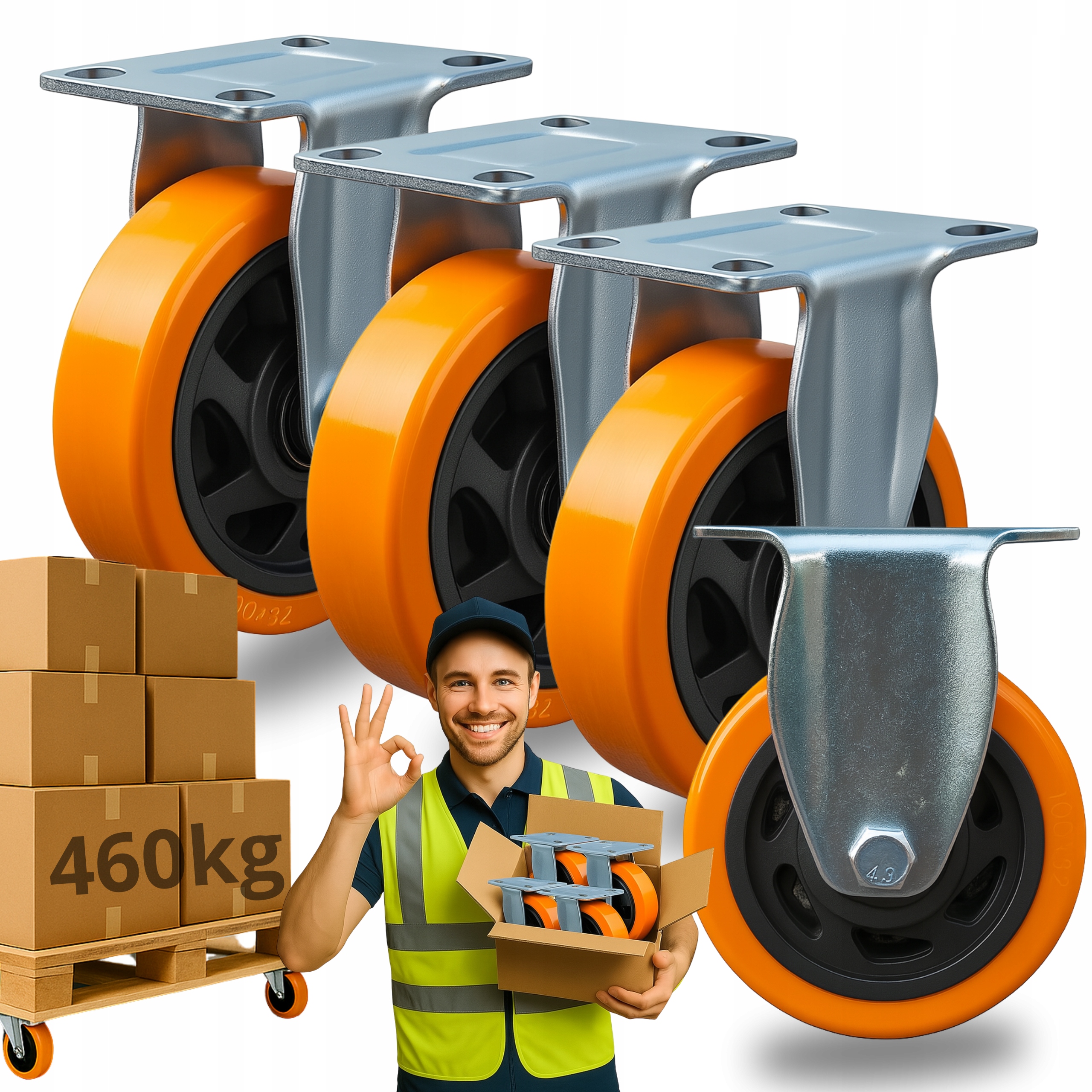 Pevná kolečka 100 mm Průmyslová pro vysoké Zatížení 460 kg Sada 4ks Silné Pu