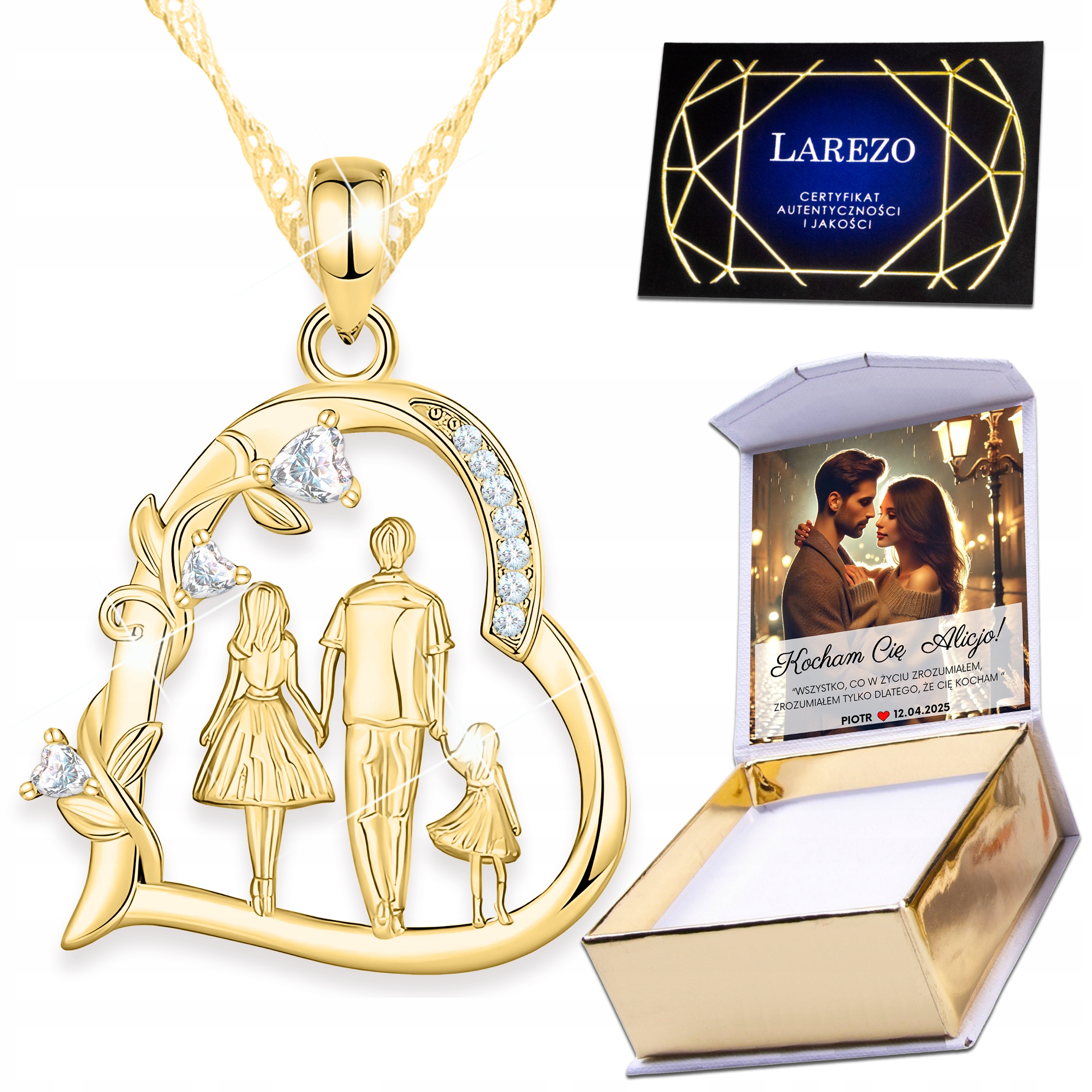 Zlatý náhrdelník 925 Srdce Matka s dítětem Větvička se srdíčky Family Print