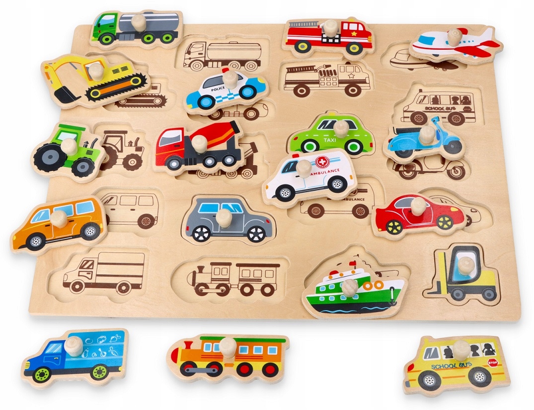 MONTESSORI UKŁADANKA ZWIERZĄTKA POJAZDY DREWNIANE PUZZLE Z UCHWYTAMI LELIN Płeć chłopcy dziewczynki