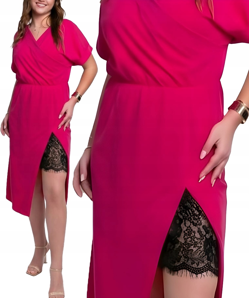 Elegantní šaty s krajkovým lemováním, fuchsiová barva, velikost 48