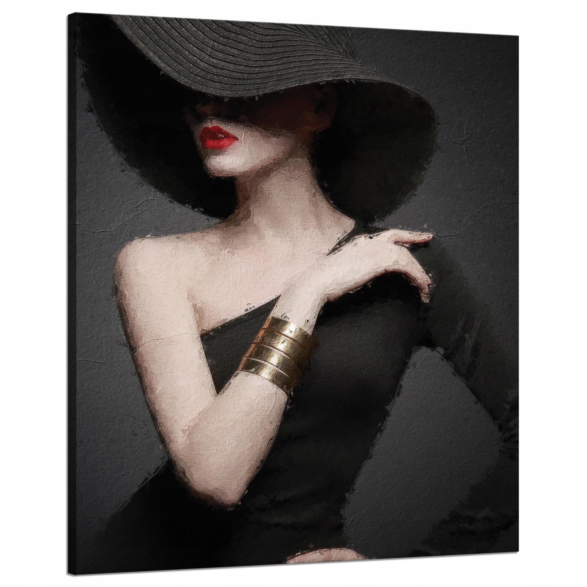 Obraz na plátně Elegantní Žena Černý klobouk Červené rty 80x100 cm