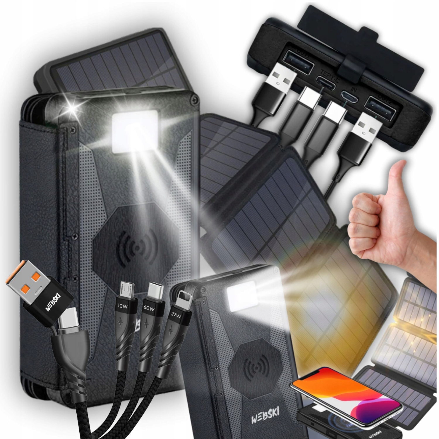 Silná Solární Powerbanka 20000 mAh Indukční Nabíječka 4 Panely Kabel 6v1