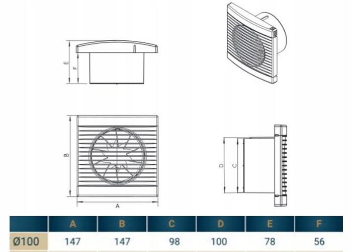 WENTYLATOR ŚCIENNY SUFITOWY STANDARD Fi 100 Kod producenta S