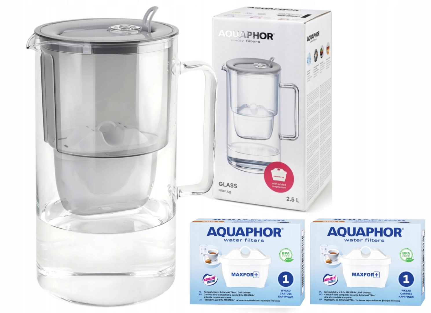 Dzbanek filtrujący szklany Aquaphor Glass 2,5l 2 Maxfor+, Szary
