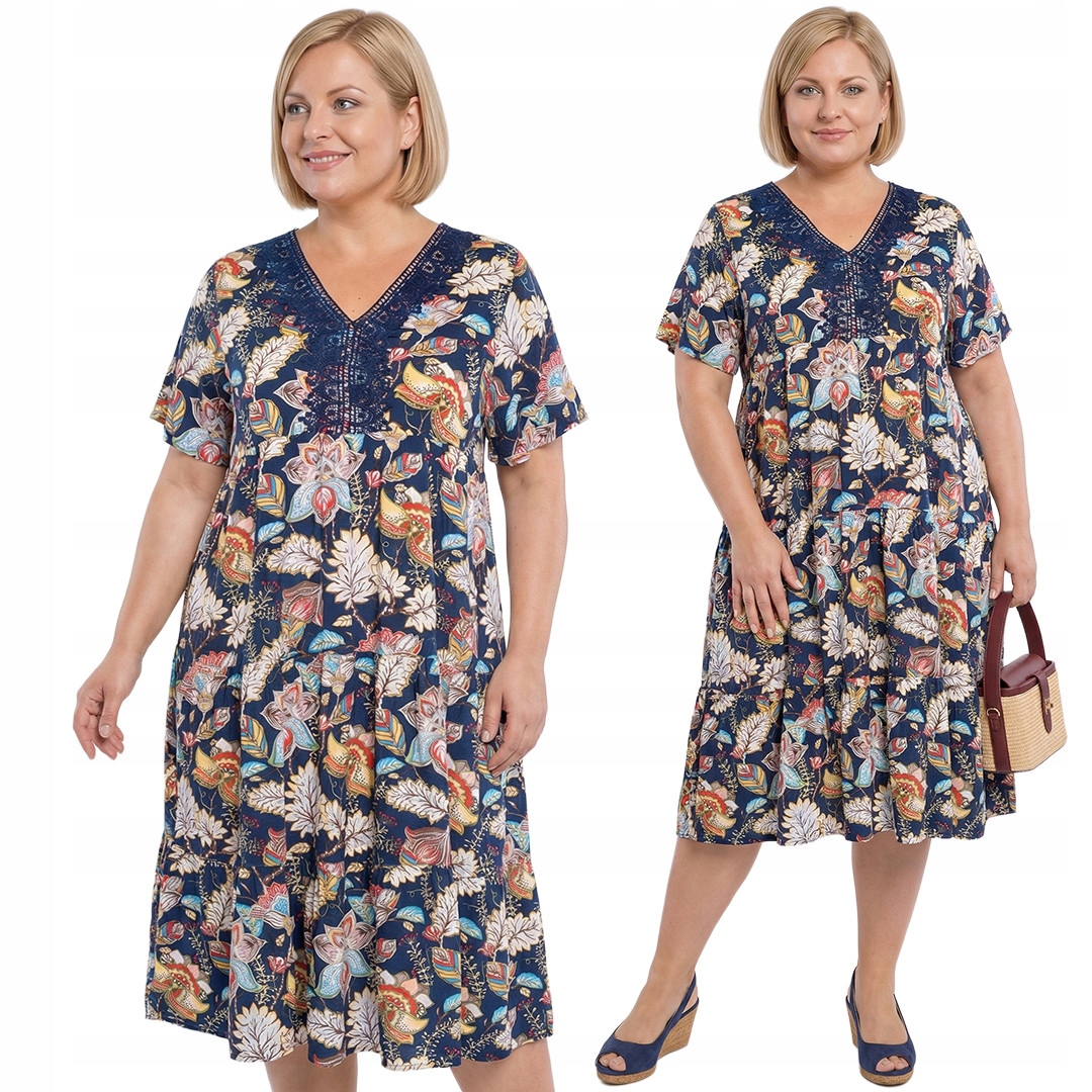 Šaty s barevnými krajkovými vzory, výstřih plus velikost velikost 54