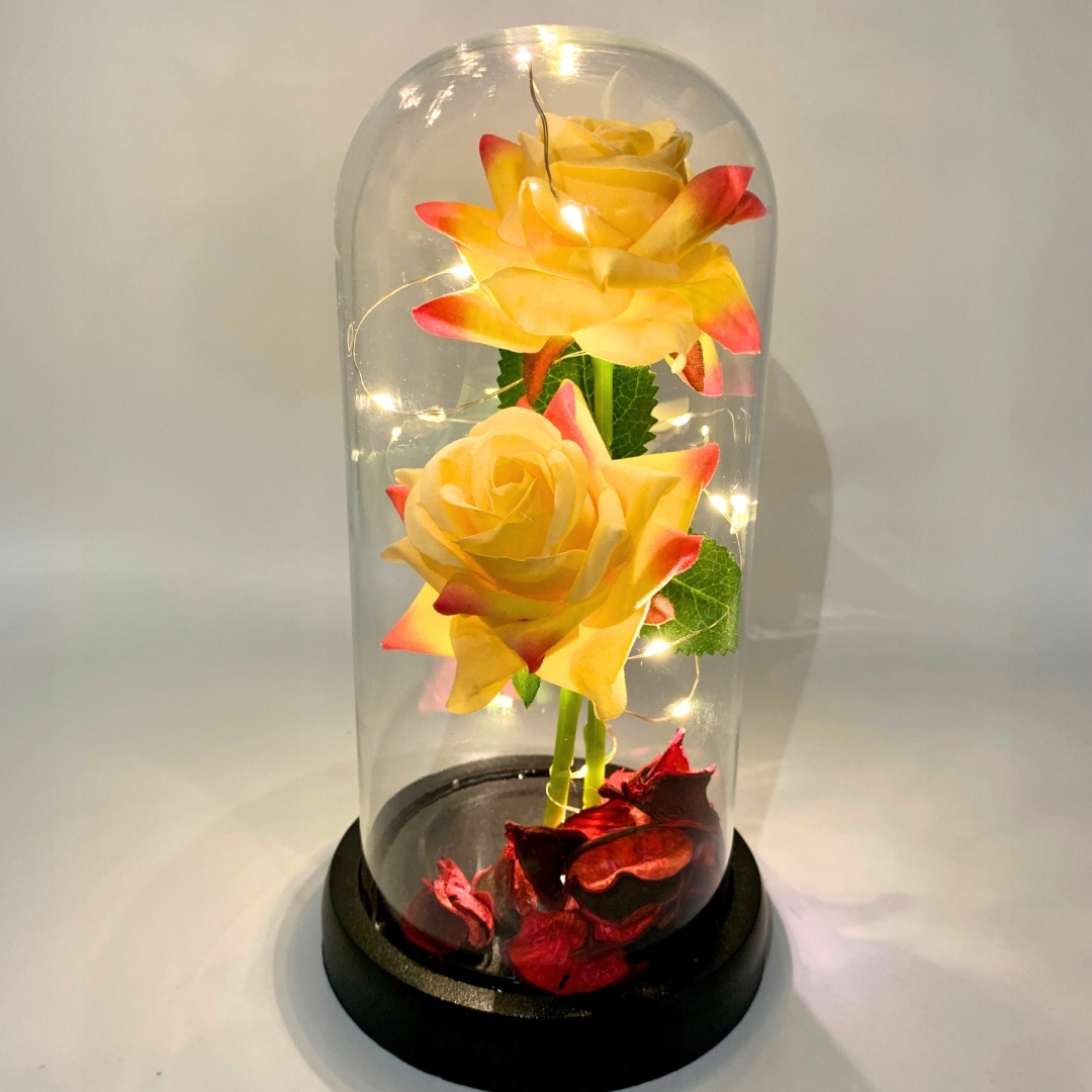 WIECZNA RÓŻA W SZKLE ŚWIECĄCA LED PREZENT PUDEŁKO Wysokość 21 cm