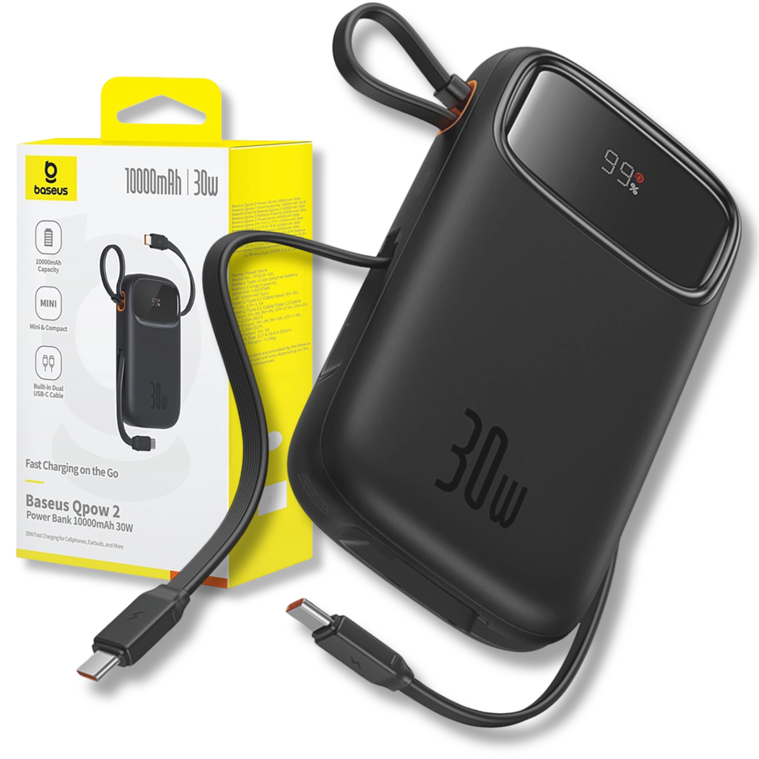 Powerbanka Baseus 10000 mAh QPow 2 30W Rychlé Nabíjení S Usb C kabely