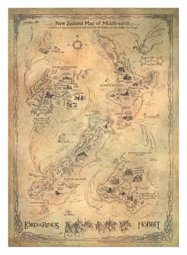 Plakát z filmu „Hobit“ – mapa Středozemě z Nového Zélandu, 50 x 70 cm