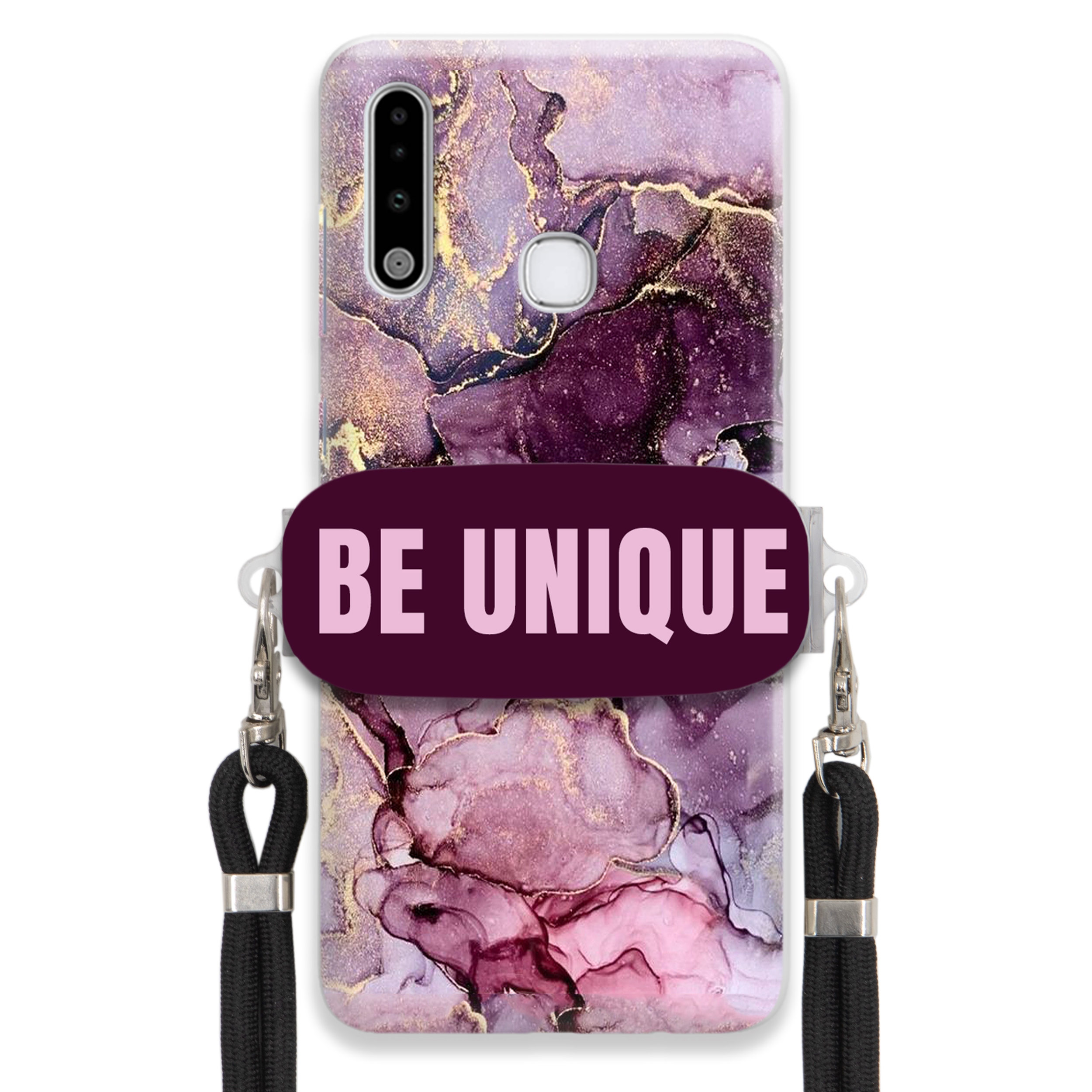 Pouzdro Premium pro Samsung A70e Case Uchywt Šňůra Černá Fialová Mramorová