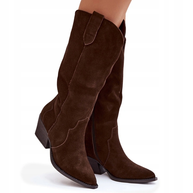 Kozačky Kovbojské Boty Kožené Semišové Na Podpatku Zateplené Čokoládové 40