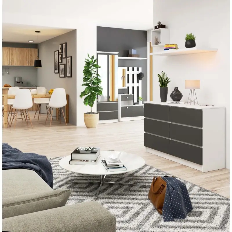 Pojemna komoda 120 6 szuflad biała szare fronty Głębokość mebla 40 cm