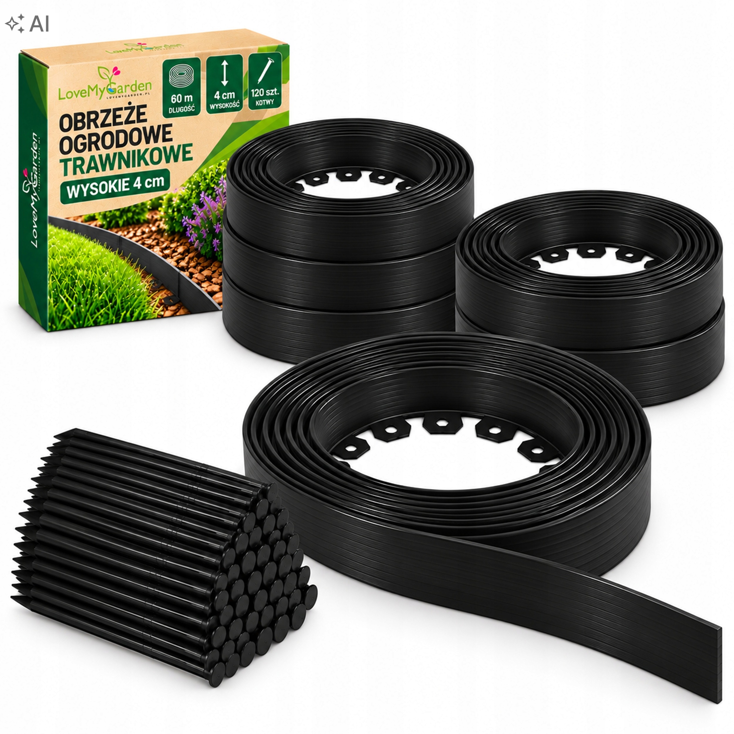 Trávníkový lem Černý 60 metrů 120 kotvících kolíků výška 4 cm Silné Lmg 40 mm
