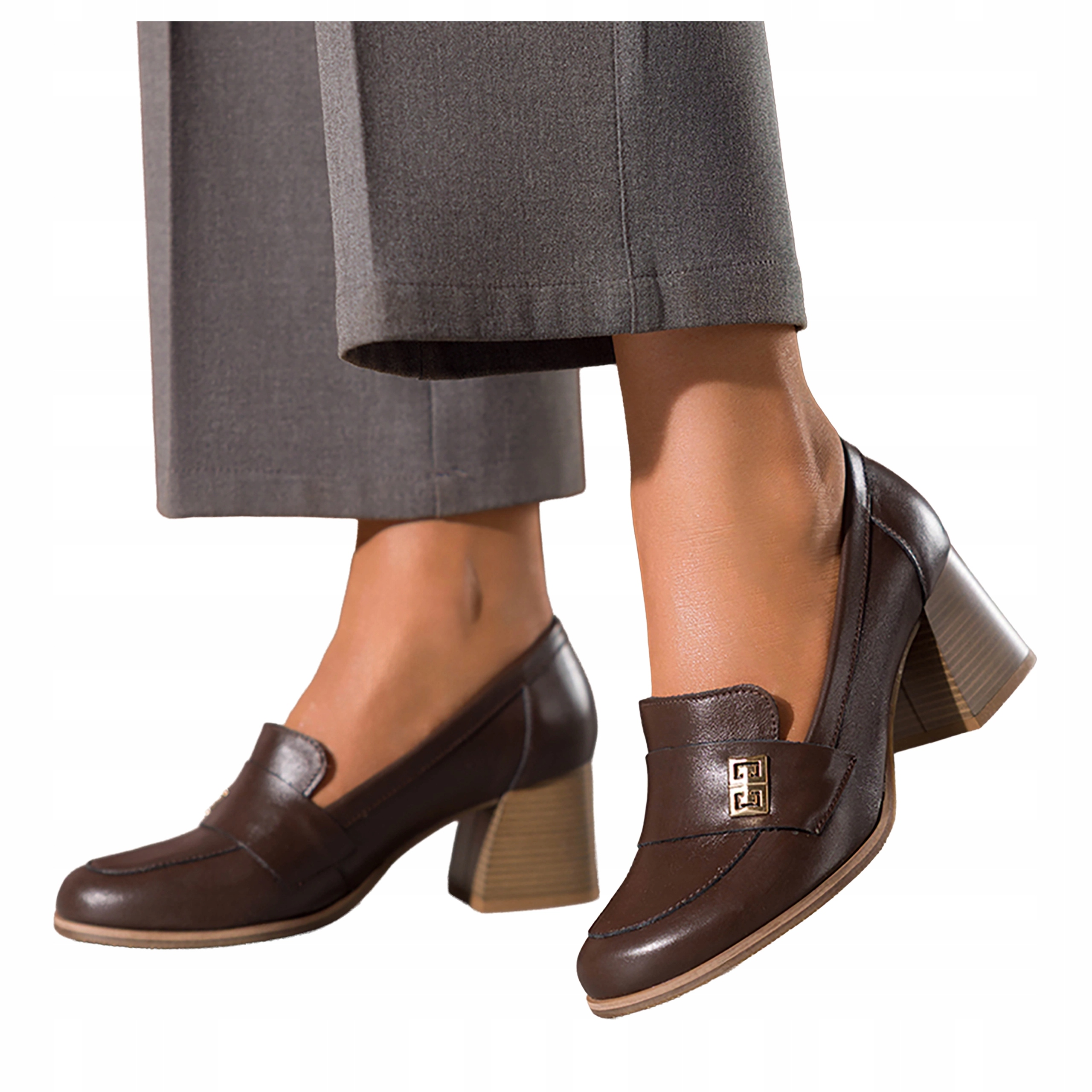 Čokoládové Mokasíny Dámské Kožené Široké Klocek Zlatá Ozdoba r 39