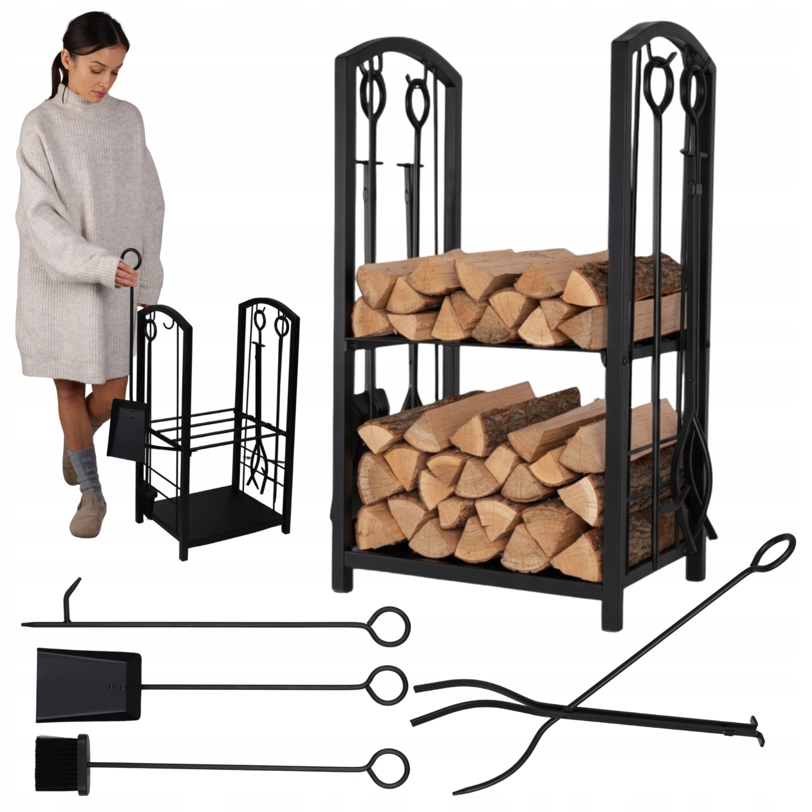 Stojan na dřevo do krbu police krbové nářadí sada 5v1 ocelová