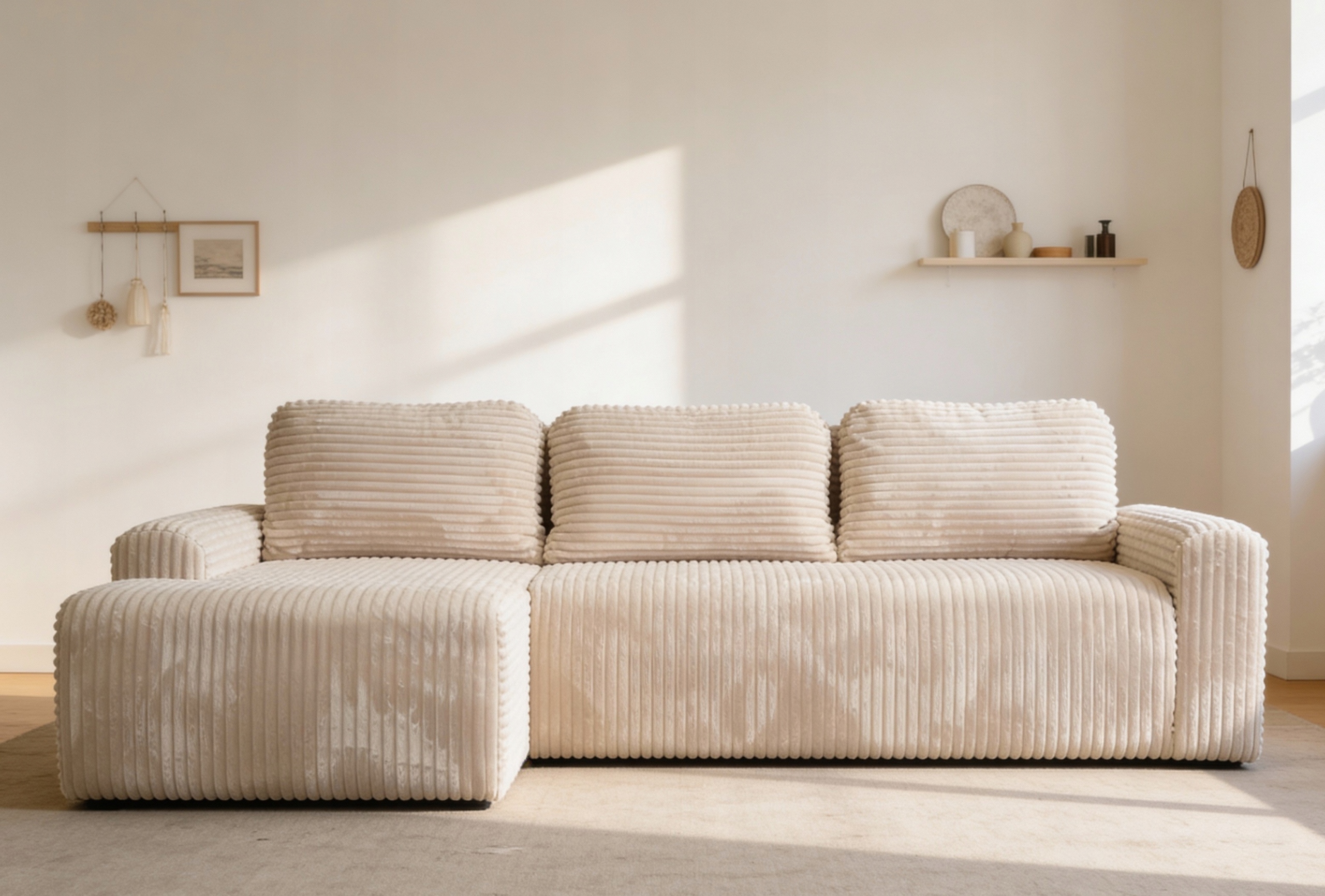 Rohová Sedací Souprava s funkcí spaní Nesso levá s úložným prostorem na povlečení krémová