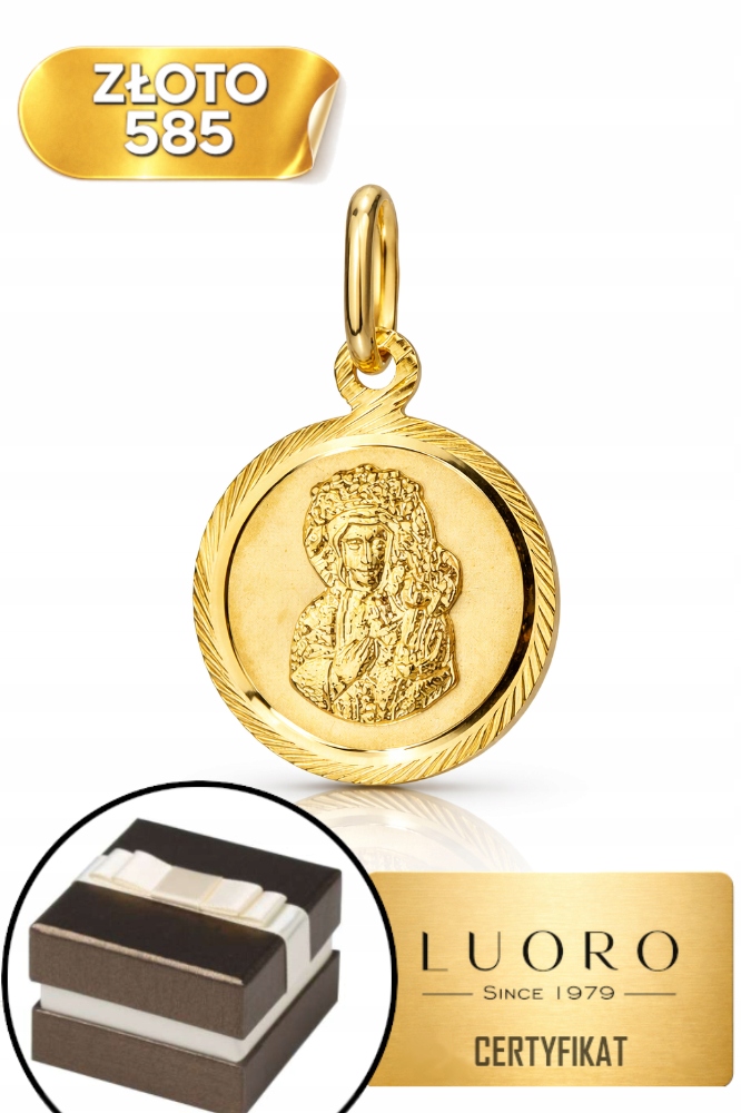 Zlatý Medailon 585 14K Panna Maria Čenstochovská Diamantové Kolečko 20,5 MM