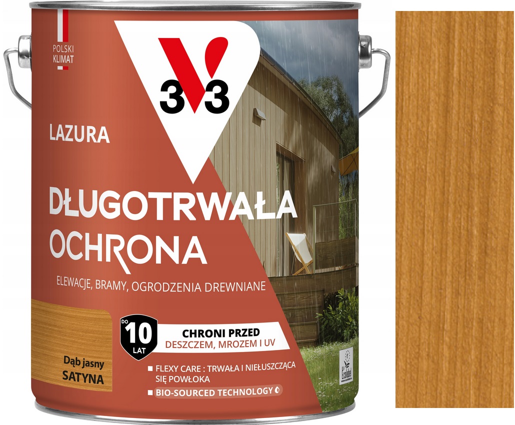V33 Lazura 10 Lat Długotrwała Ochrona Drewna Podbitki Płoty Dąb Jasny 4.5L