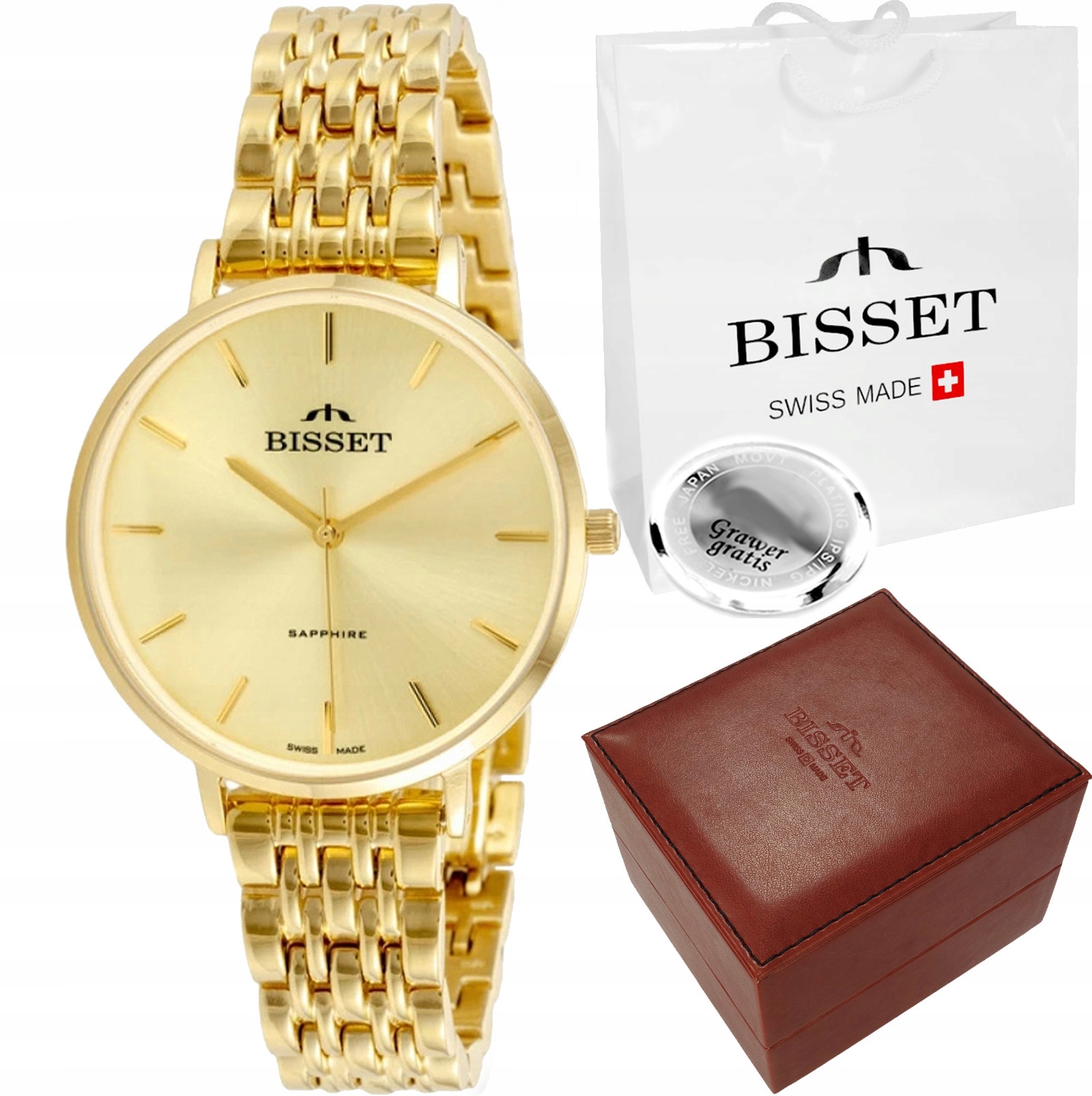 Švýcarské dámské hodinky Bisset Zlatý Ciferník Ocelový Náramek