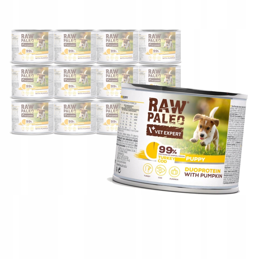 Levně Raw Paleo Puppy Duo 12x200g Vlhké Krmivo pro štěňata Krůta s treskou