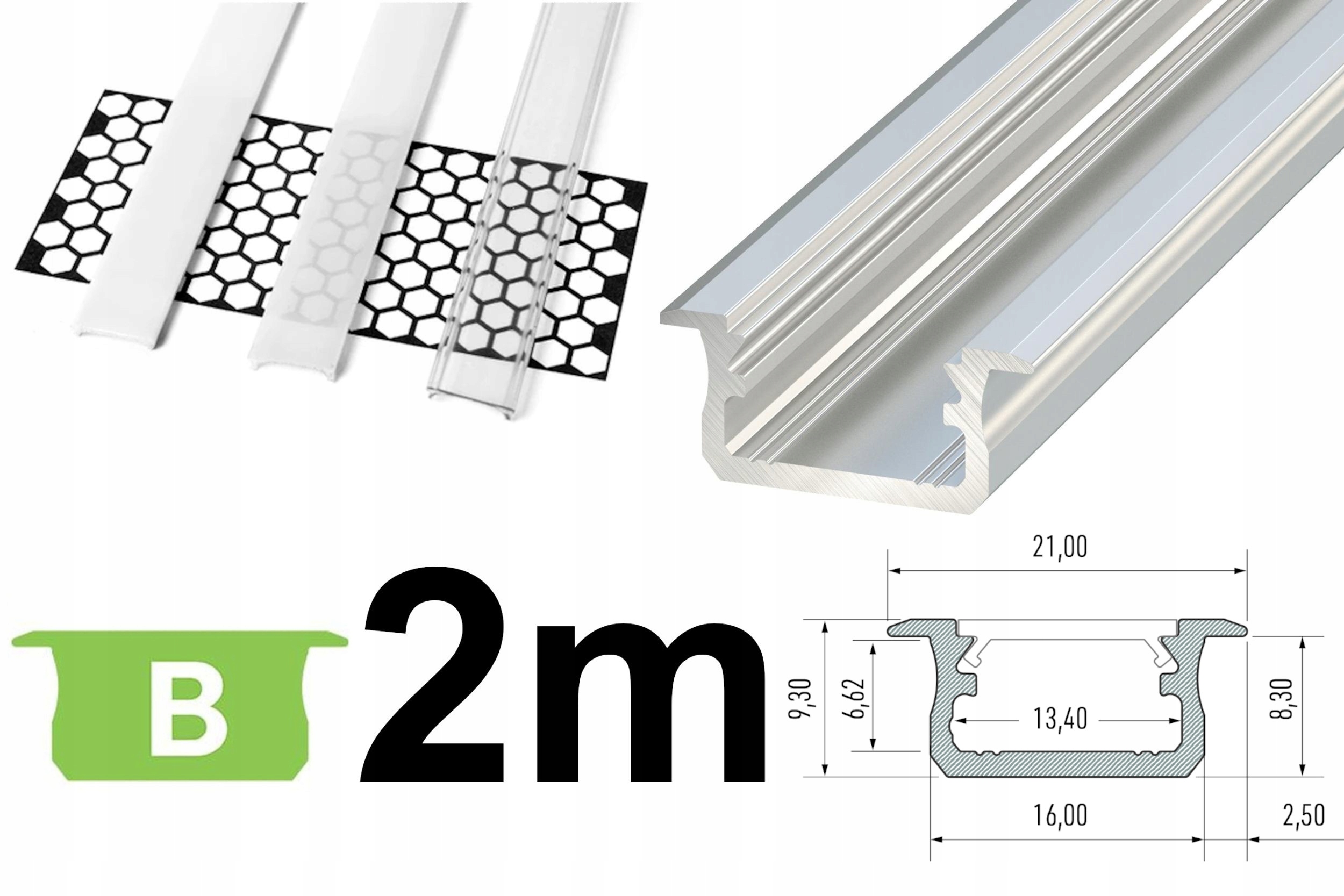 PROFIL LED SREBRNY aluminiowy wpuszczany 2m+KLOSZ