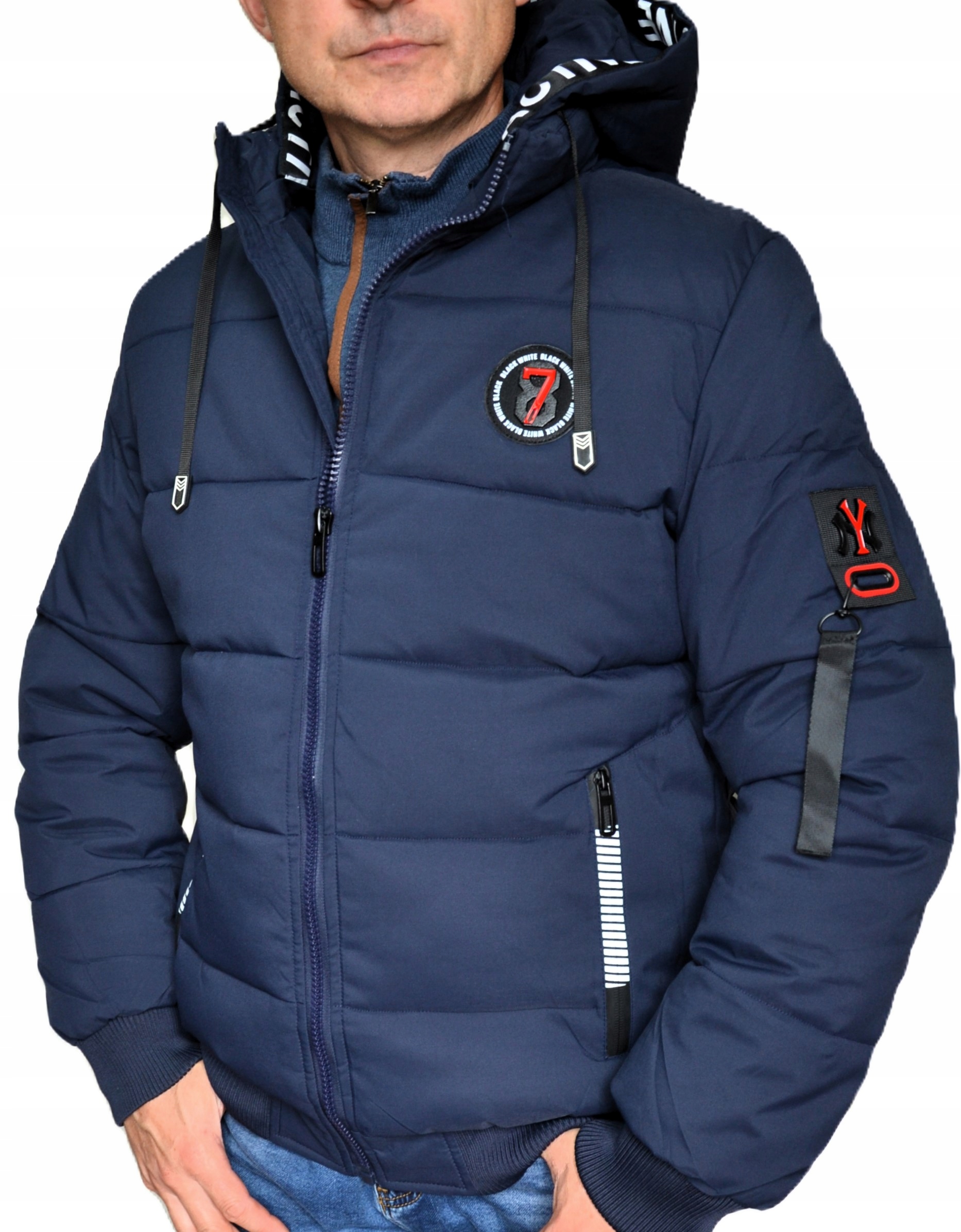 Pánská zimní prošívaná bunda S Kapucí bomber Námořnická Modrá 7' Lehká Teplá 3XL