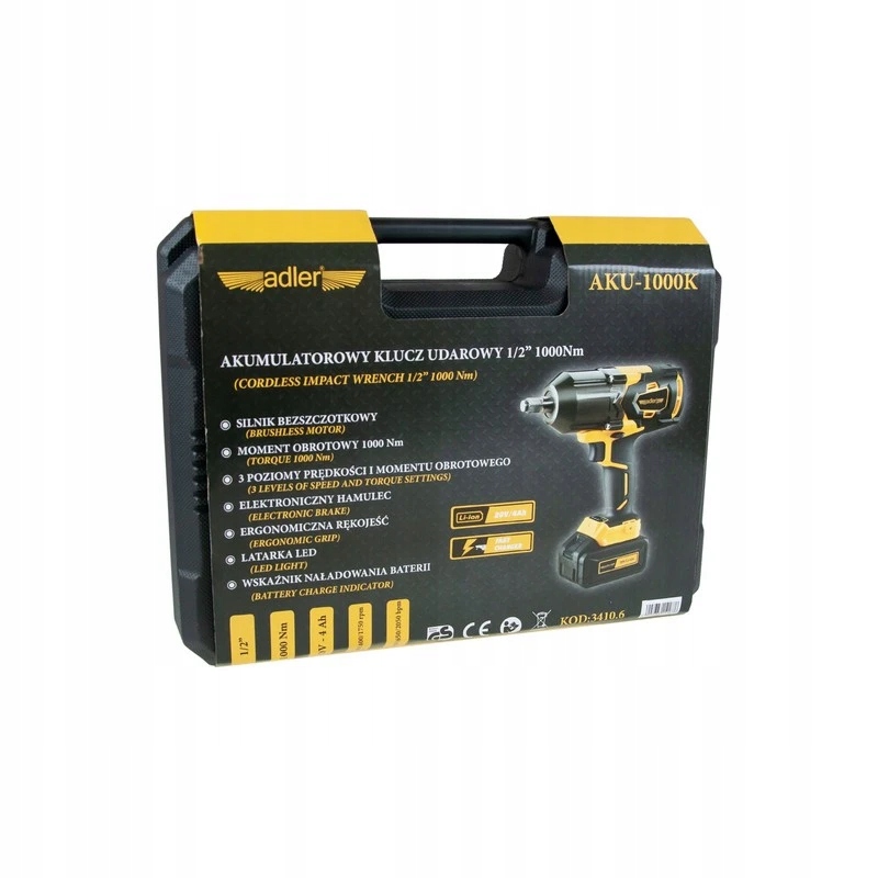 Klucz udarowy akumulatorowy 1/2" 1000Nm 4Ah 20V Adler Prędkość obrotowa 1750 obr./min