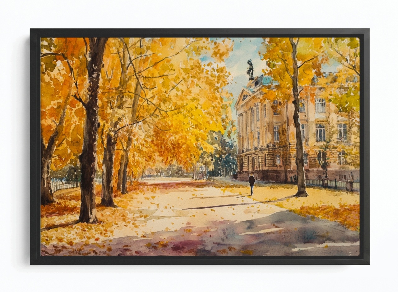 Obraz Rám Americký Box Město Ulice Park Podzim Stromy Procházka Pohled 60x40