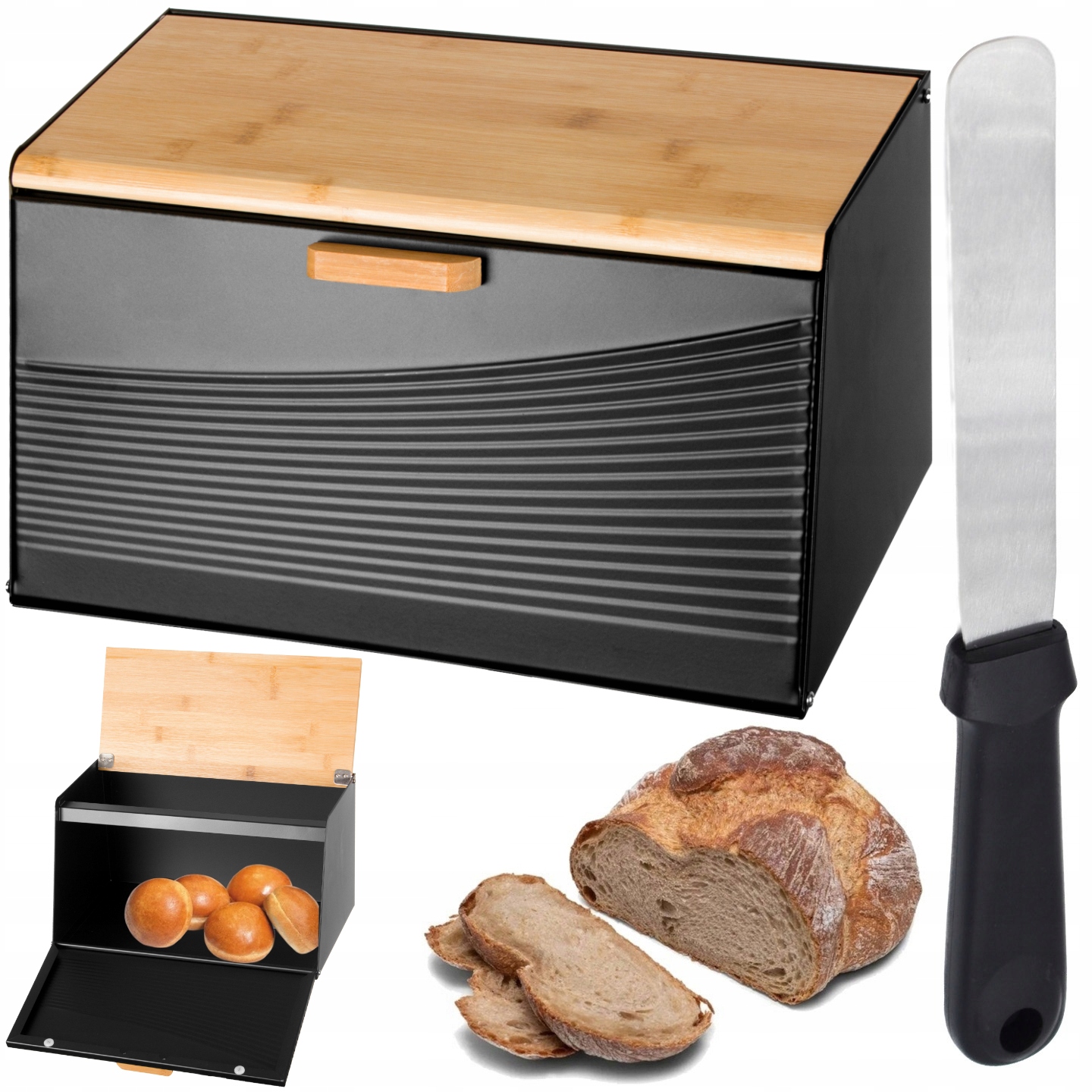 POJEMNIK NA CHLEB BUŁKI PIECZYWO METALOWY CHLEBAK CZARNY BAMBUS + SZPATUŁKA Kolor czarny