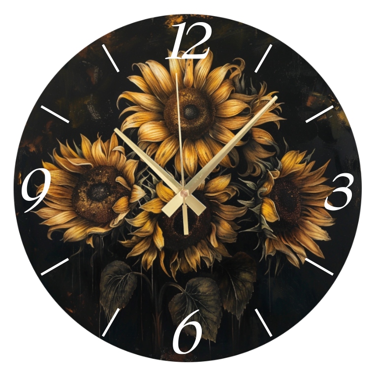 Dekorativní nástěnné hodiny Sunflowers Slunečnice na černém pozadí 45 cm