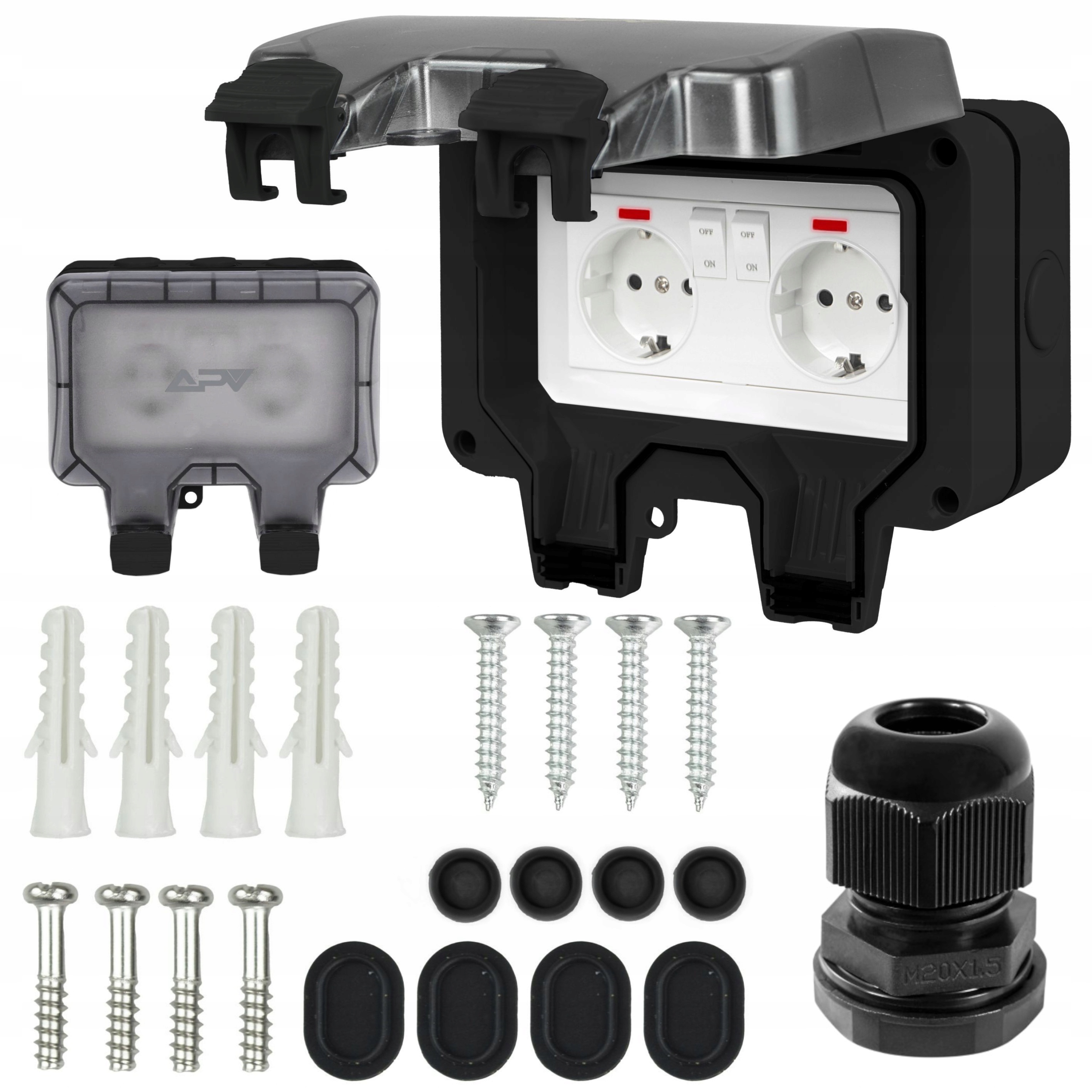 Podwójne Gniazdo Zewnętrzne Wodoszczelne Ogrodowe Z Przełącznikiem Schuko