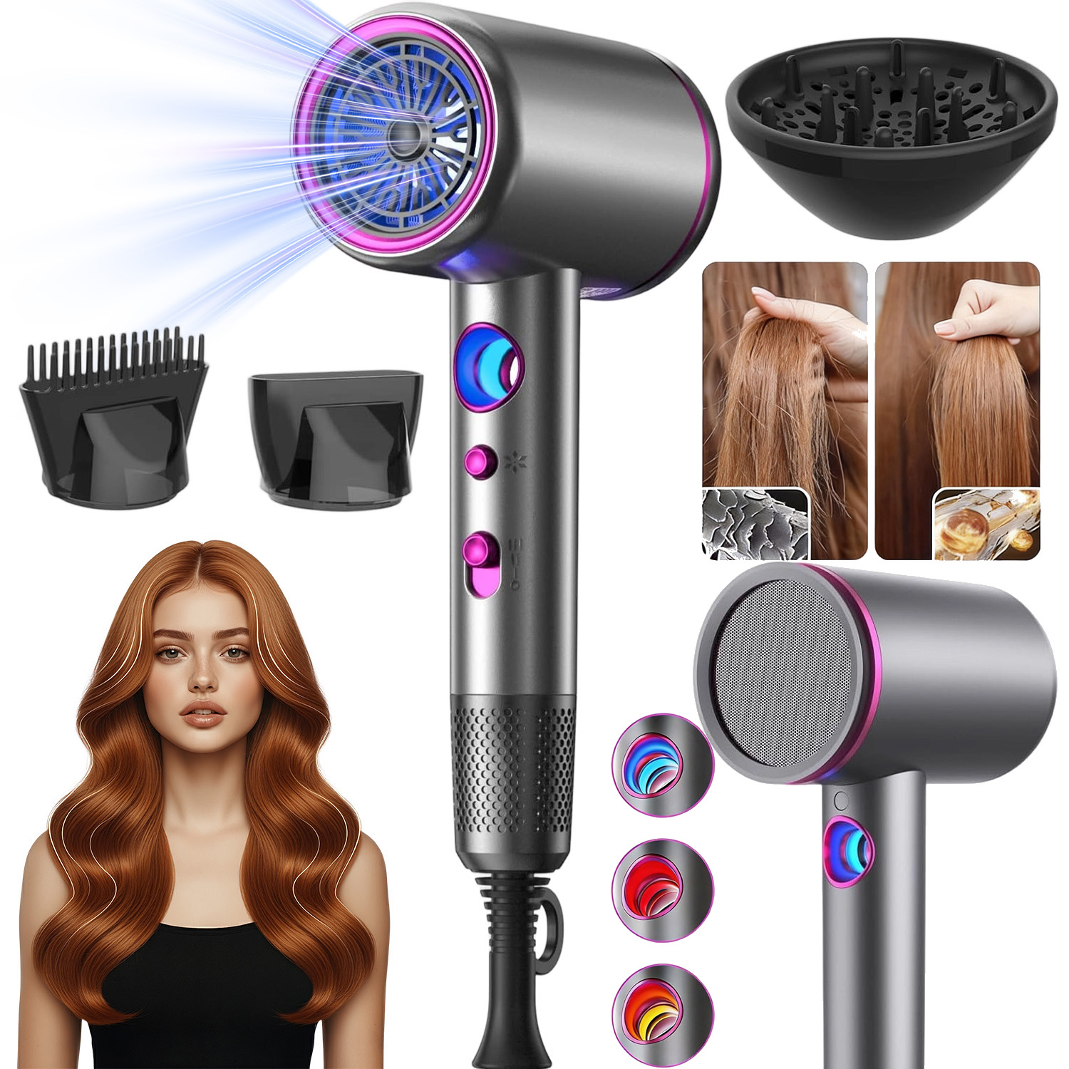 Sušič Vlasů Dryer 2400W 3 Rychlosti Ionizace Difuzér Ergonomic